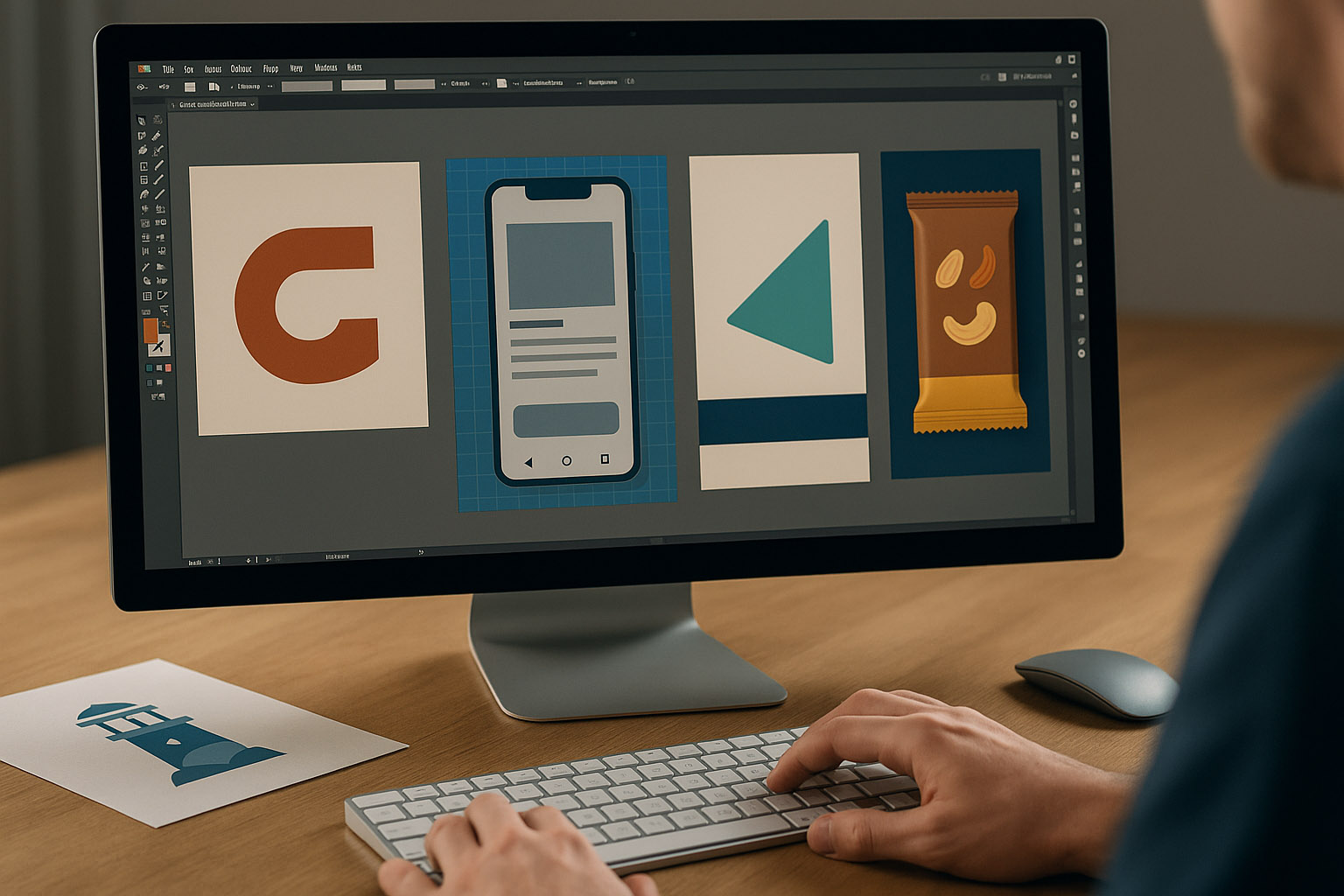 Side-by-side comparison of Illustrator artwork and exported bitmap graphics highlighting subtle color and profile differences on screen.