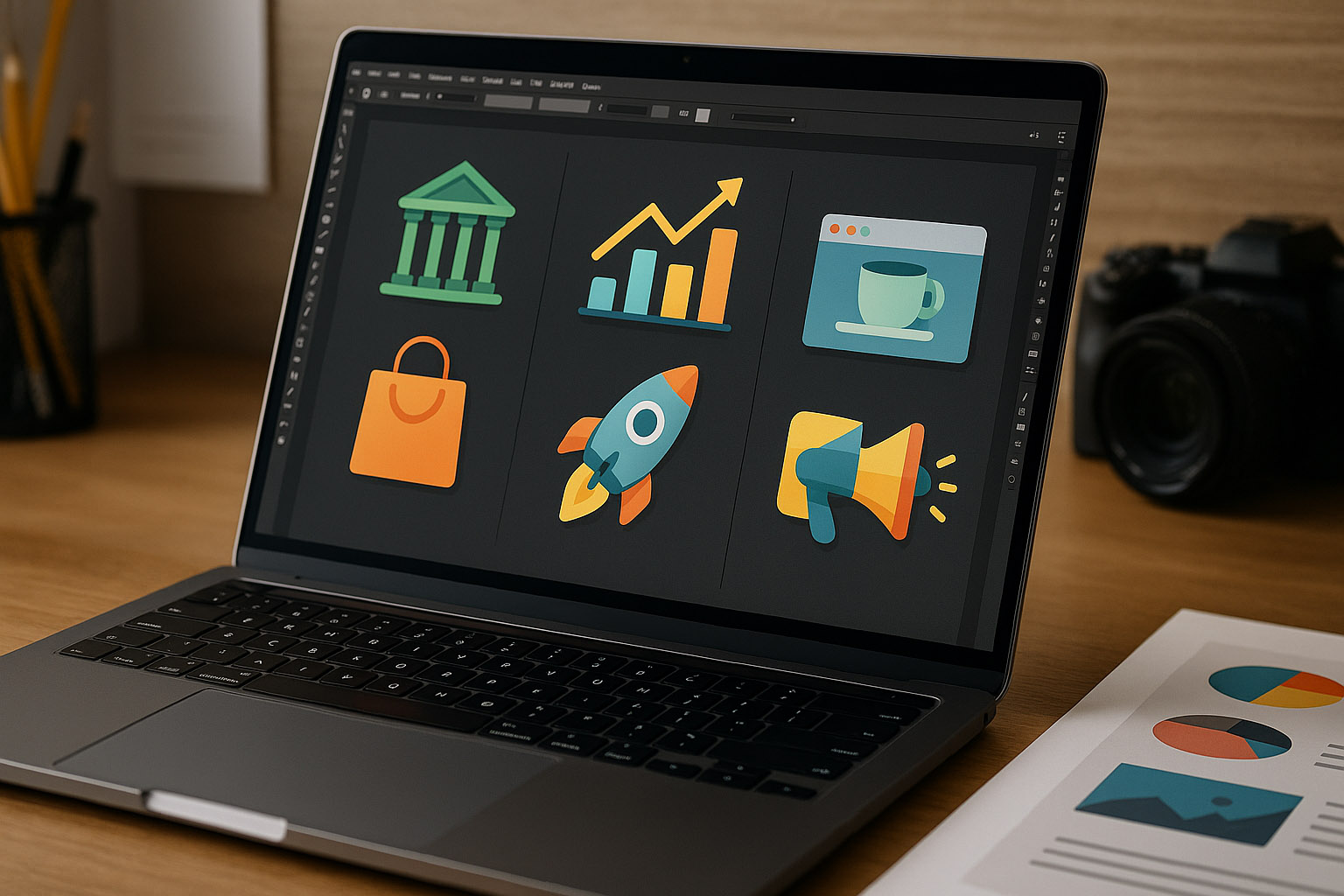 Illustrator-built icon and infographic assets reused across web dashboards, slide decks, and other digital outputs.