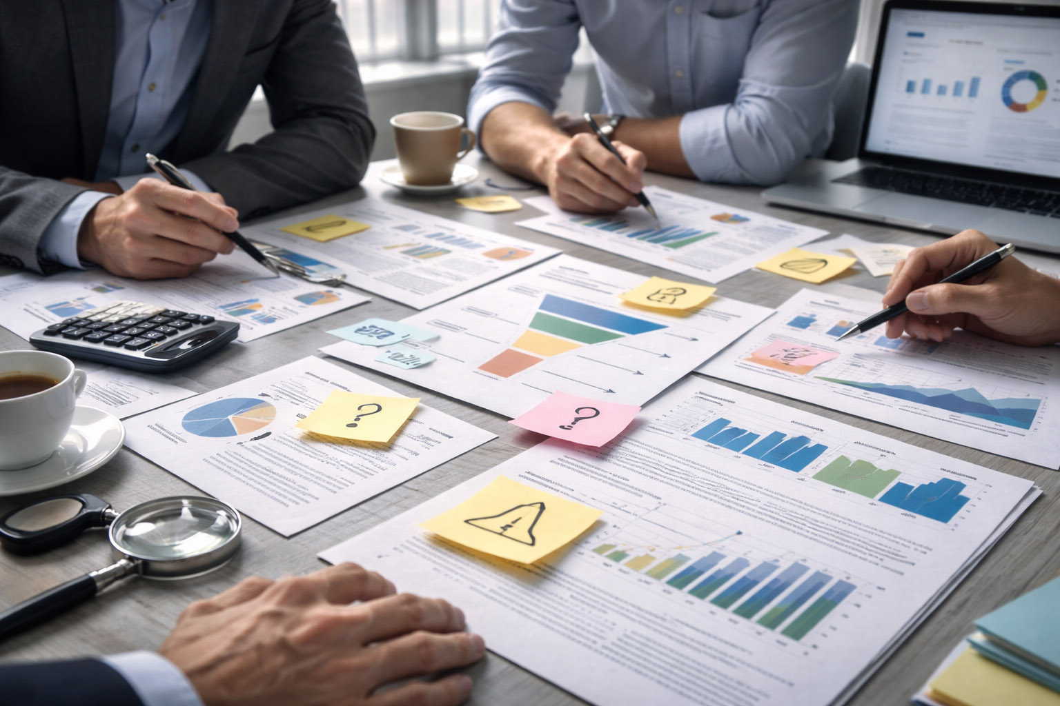 Marketing plan draft on screen with highlighted assumptions and risk notes.