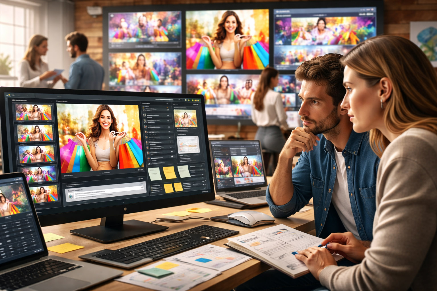 Team reviewing AI workflow steps and a content provenance checklist on multiple screens.