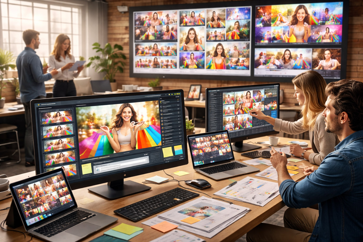 Designers comparing many AI-generated campaign image variations across large monitors.