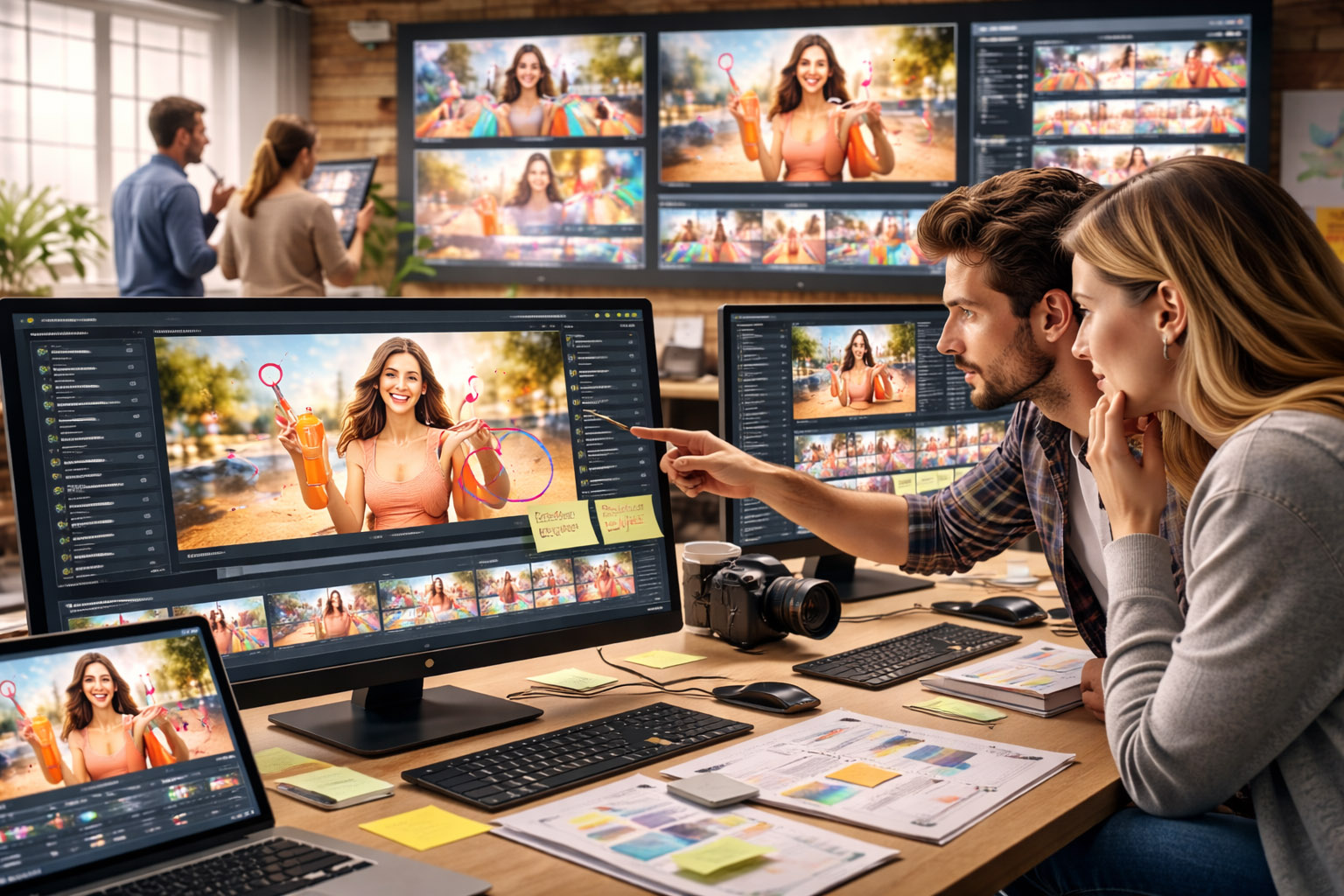 AI generation error and risk-review checklist shown during a creative team review meeting.