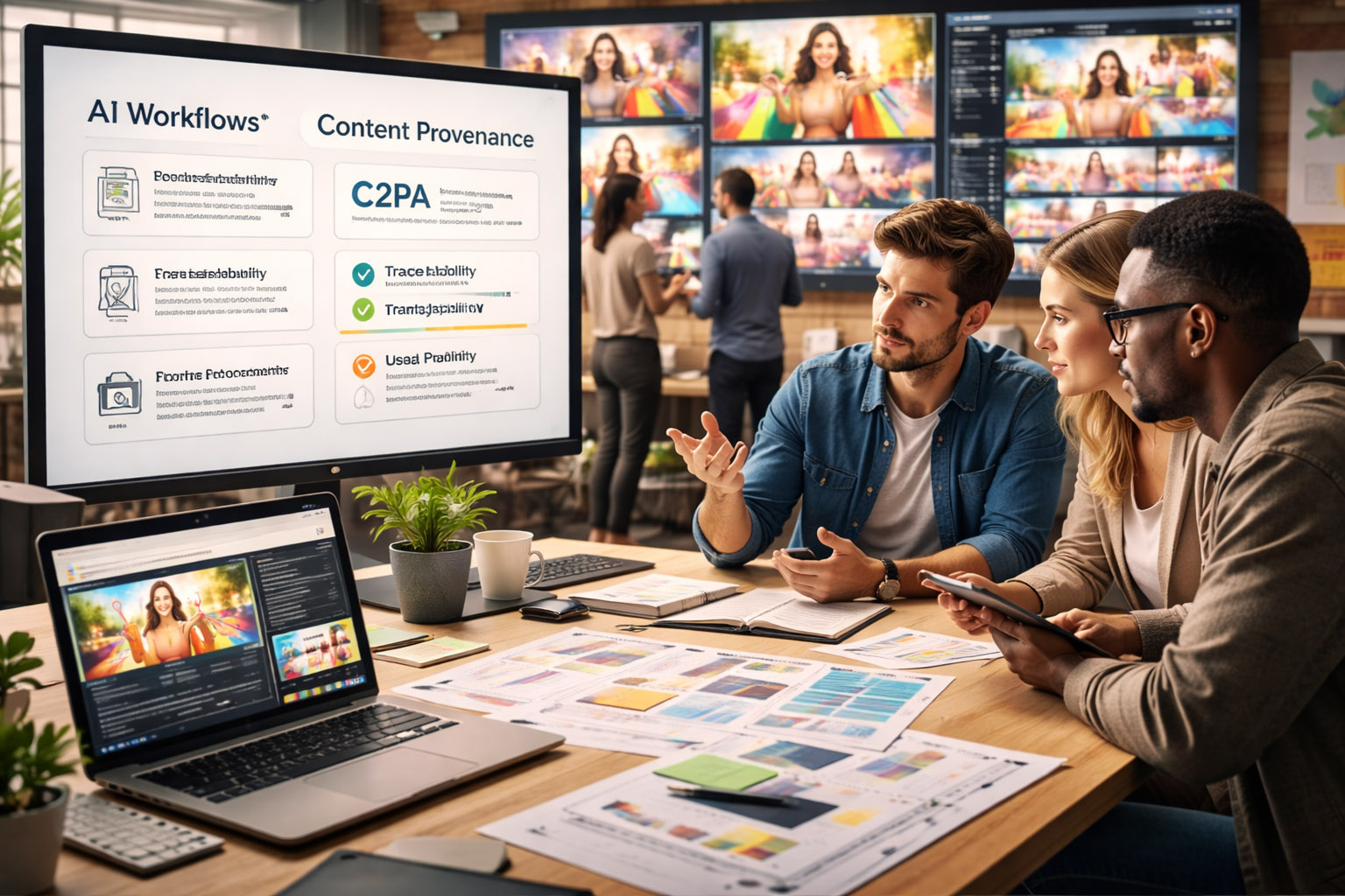 Team selecting from multiple AI-generated product-style visuals inside a media management interface.