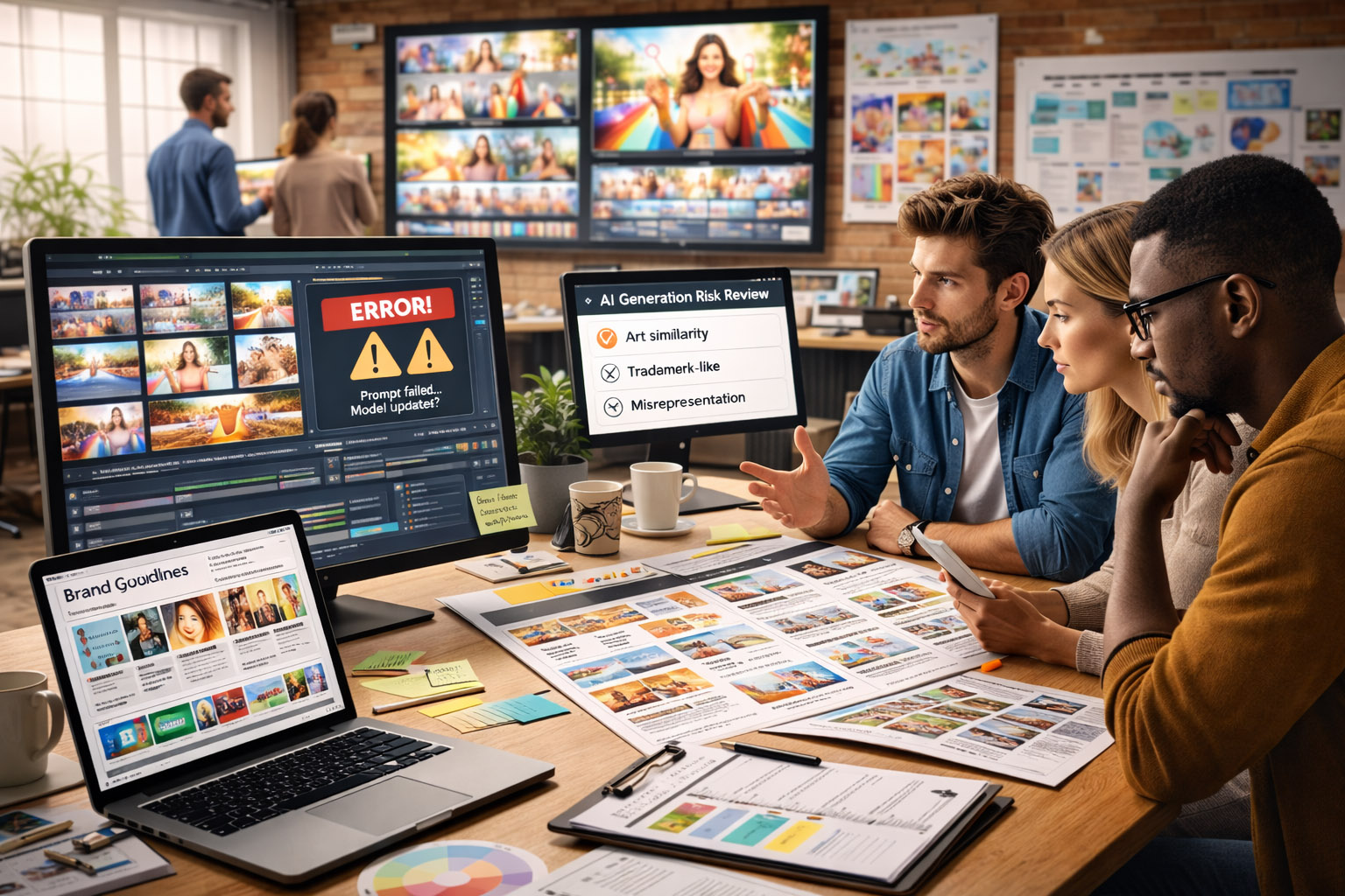 Grid of AI-generated image options and edits being reviewed for consistency and brand fit.