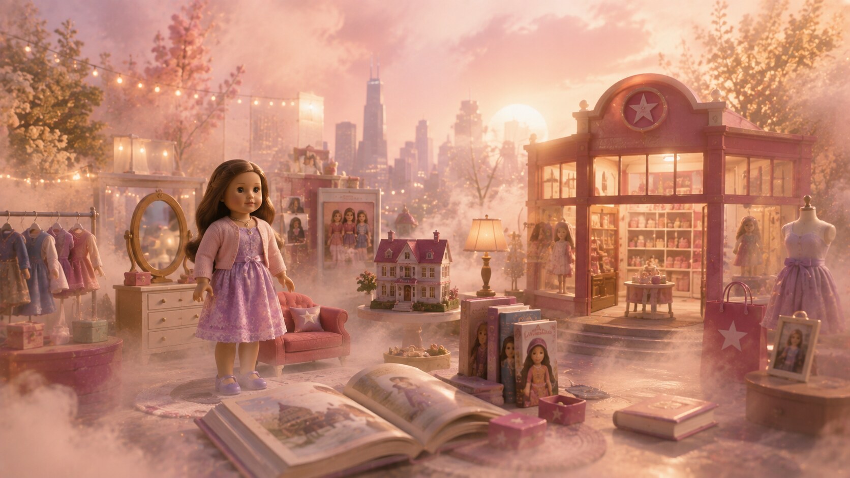 American Girl branding with story-led dolls, aspirational retail experience, and identity-focused marketing around confidence and character.