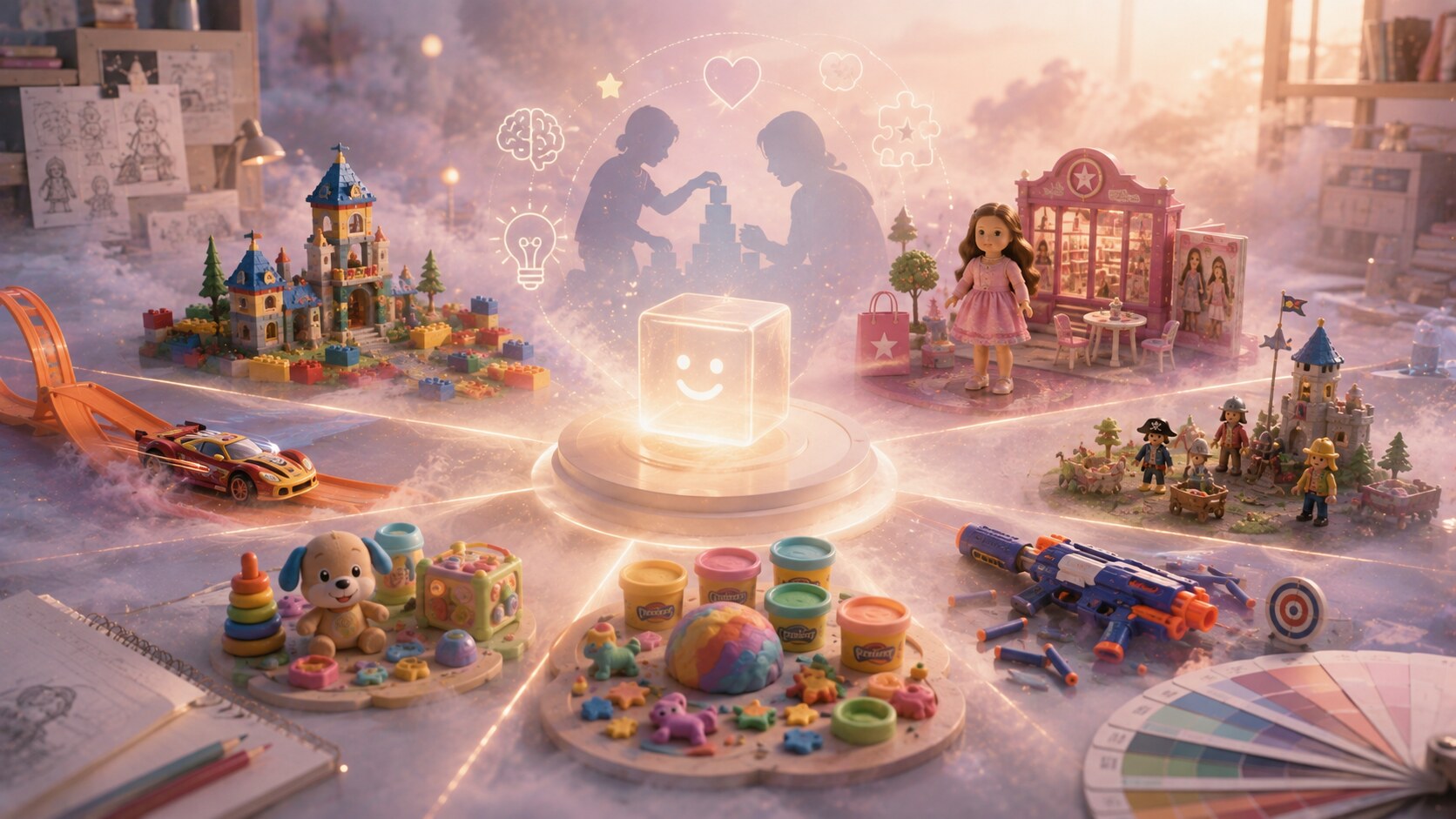 Comparison of top toy brands showing different branding strategies across construction, dolls, action, preschool, tactile play, and story-led retail.