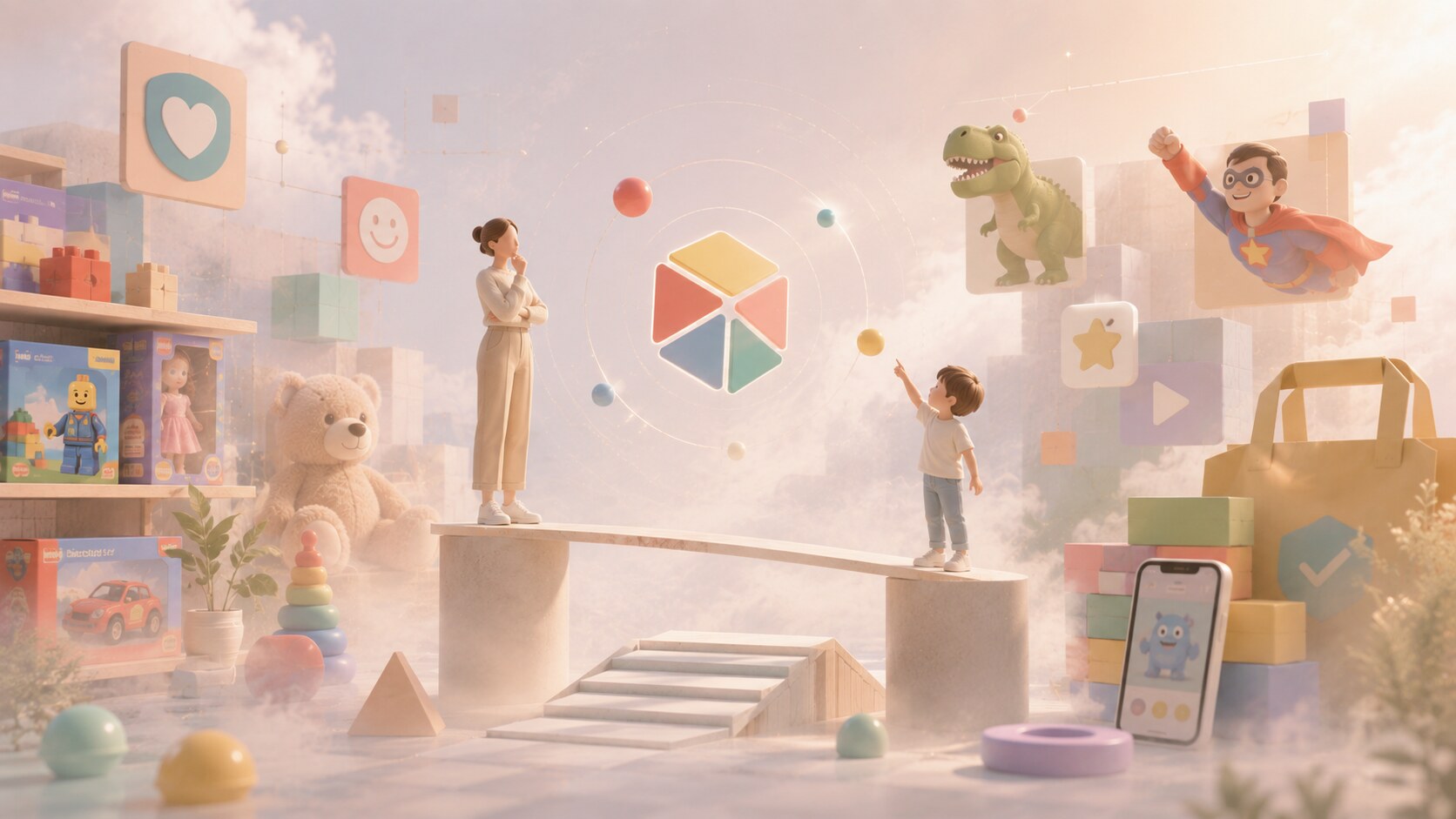 Overview of kids toy branding showing logos, packaging, mascots, shelves, and play worlds across famous toy brands.