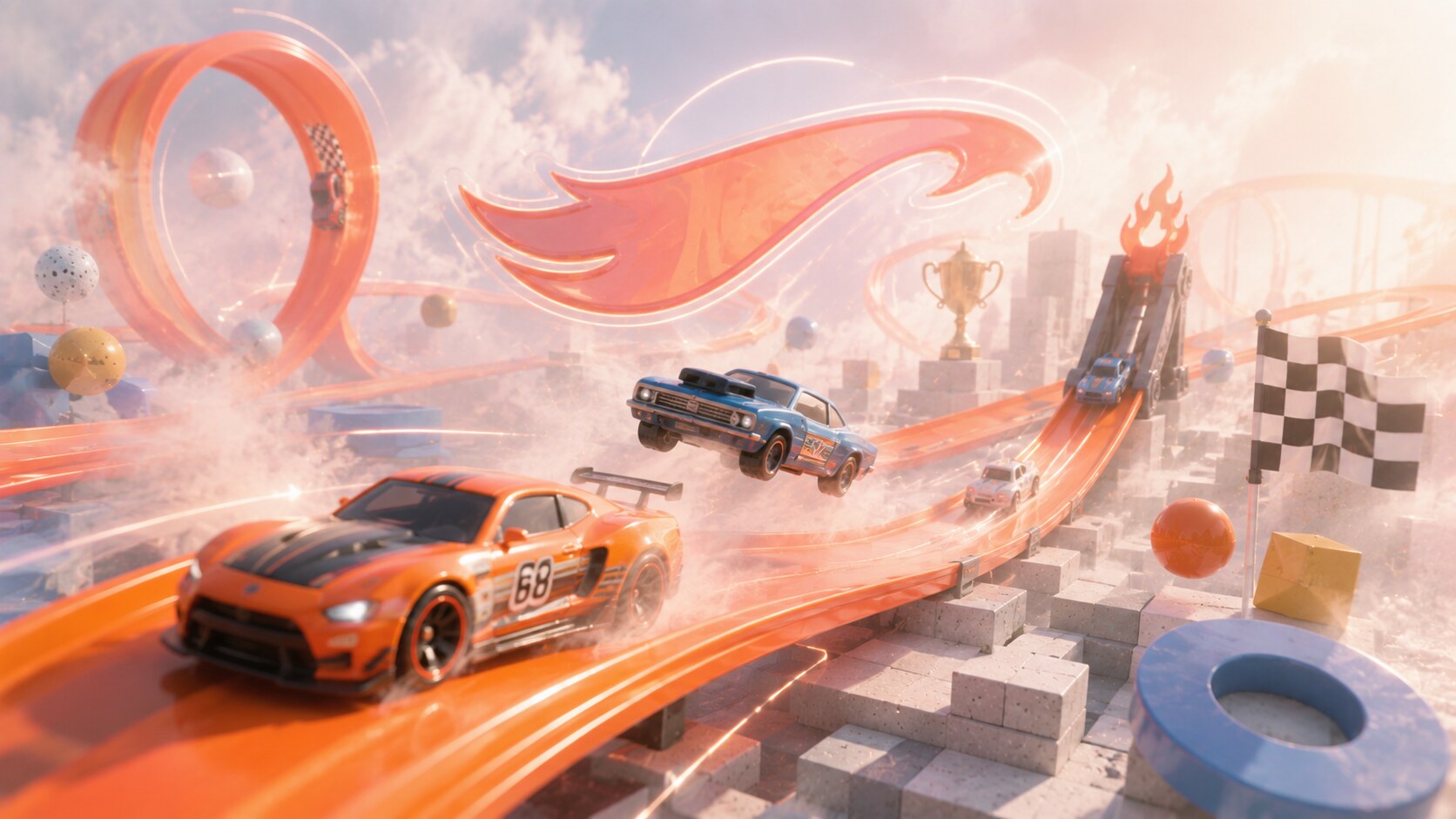 Hot Wheels branding with flame logo, orange track identity, and challenger-spirit marketing around die-cast cars.