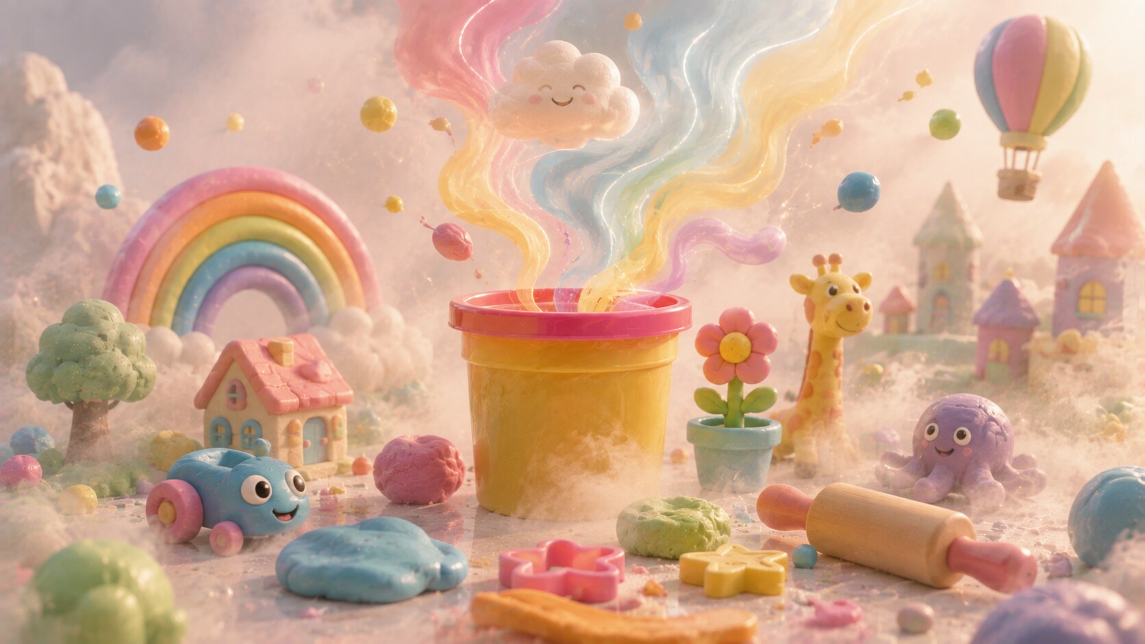 Play-Doh branding with colorful tubs, playful wordmark, tactile creativity, and the famous scent as part of brand memory.