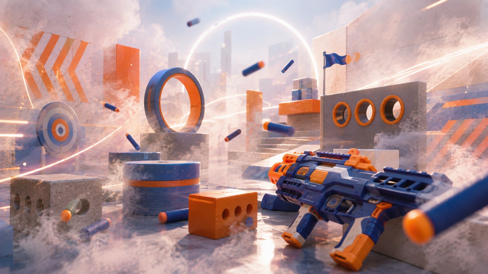 Nerf branding with high-energy logo, foam-blaster attitude, and action-focused marketing aimed at play battles.