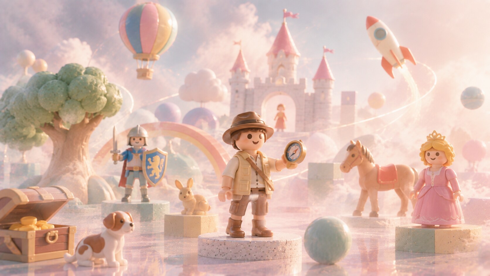 Playmobil branding with smiling figures, blue logo, and miniature world-building across historical and everyday themes.