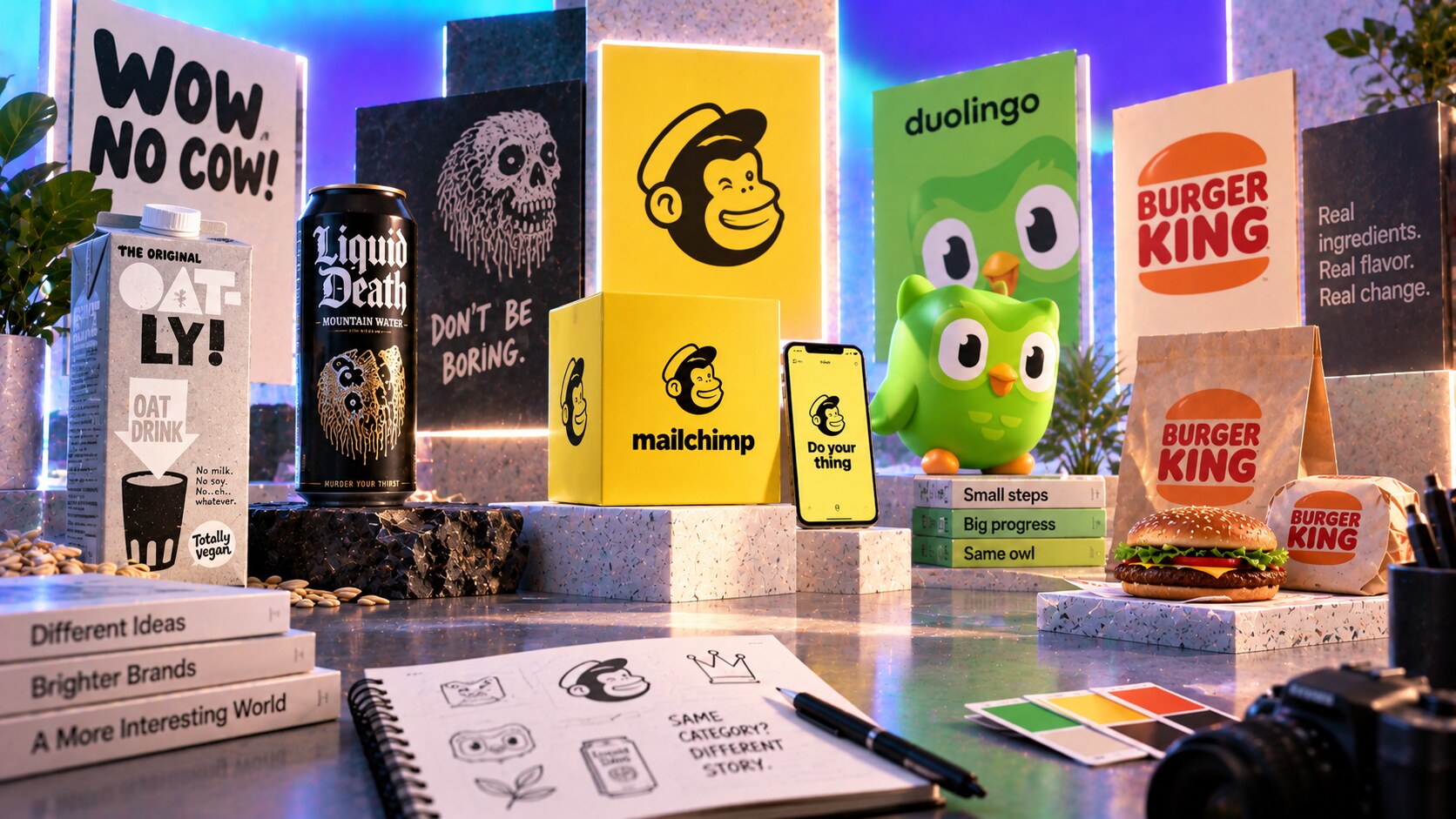 Distinctive branding examples including Oatly, Liquid Death, Mailchimp, Duolingo, Burger King, and other brands choosing memorable design codes.