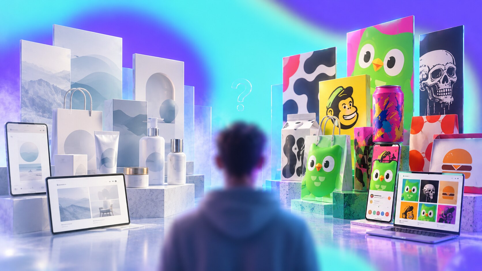 Comparison between polished generic branding and rough distinctive branding on shelves, screens, and advertising placements.