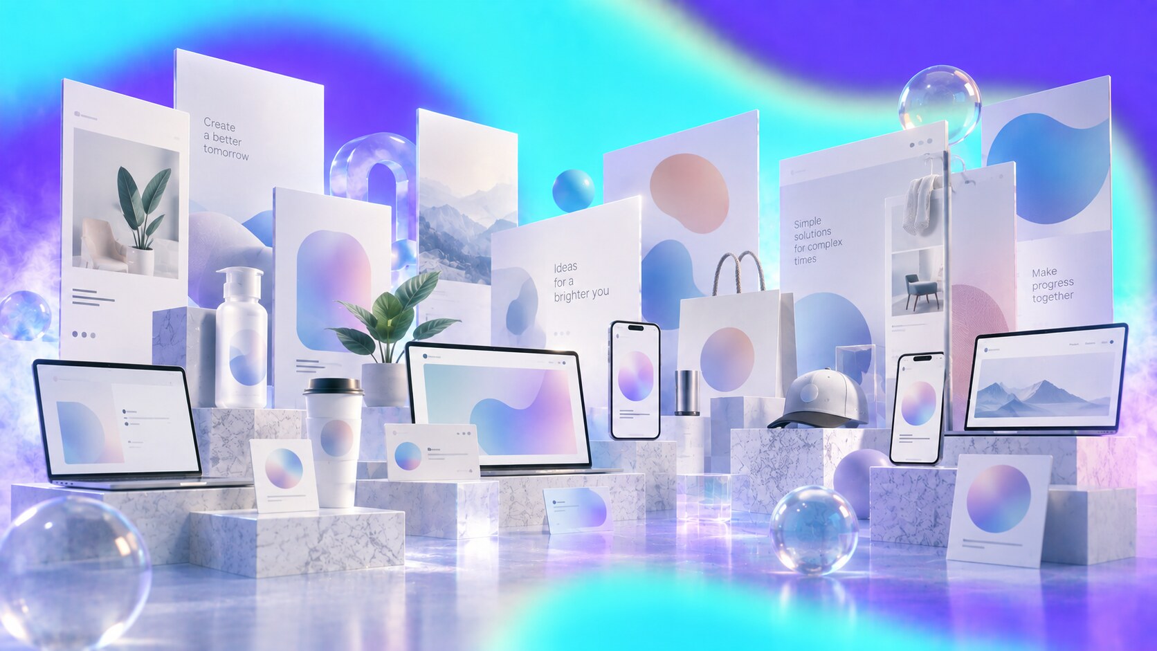 Beautiful generic branding trap with similar sans-serif logos, muted palettes, abstract shapes, and interchangeable startup visuals.