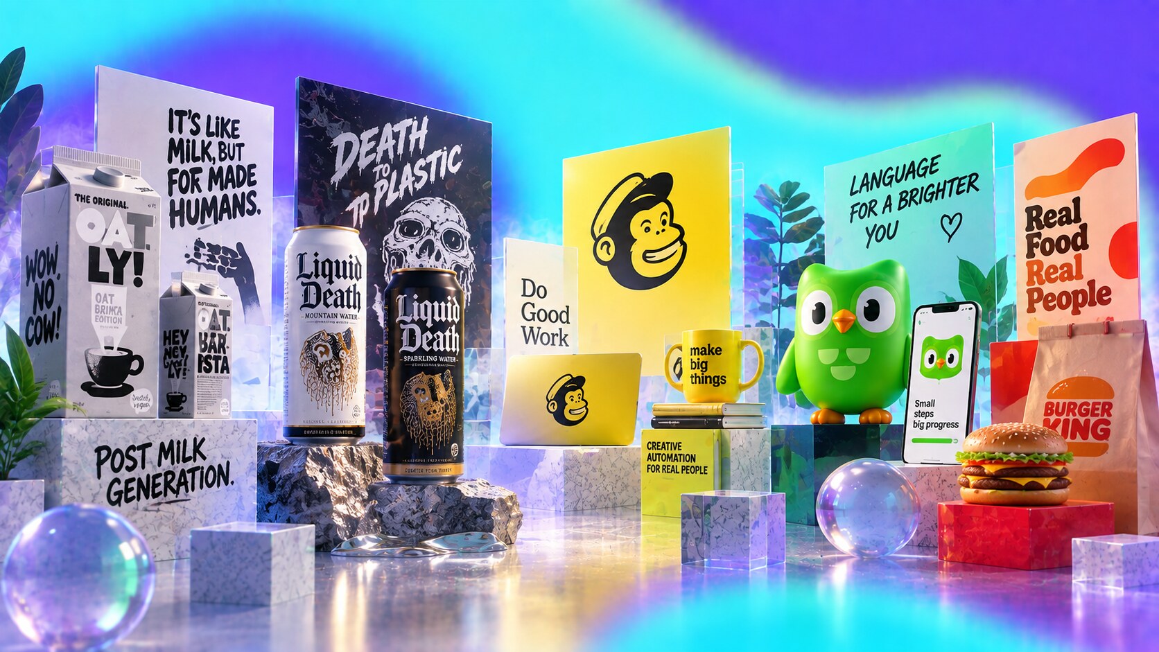 Controlled unconventional branding examples with specific typography, strong mascots, strange packaging, loud colors, and memorable brand codes.