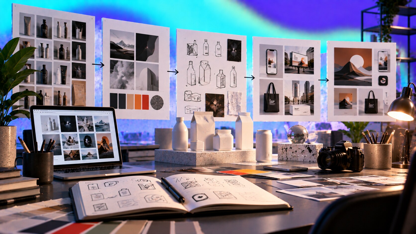 Brand strategy workshop choosing an original identity path through research, asset testing, prototypes, category audit, and controlled risk.
