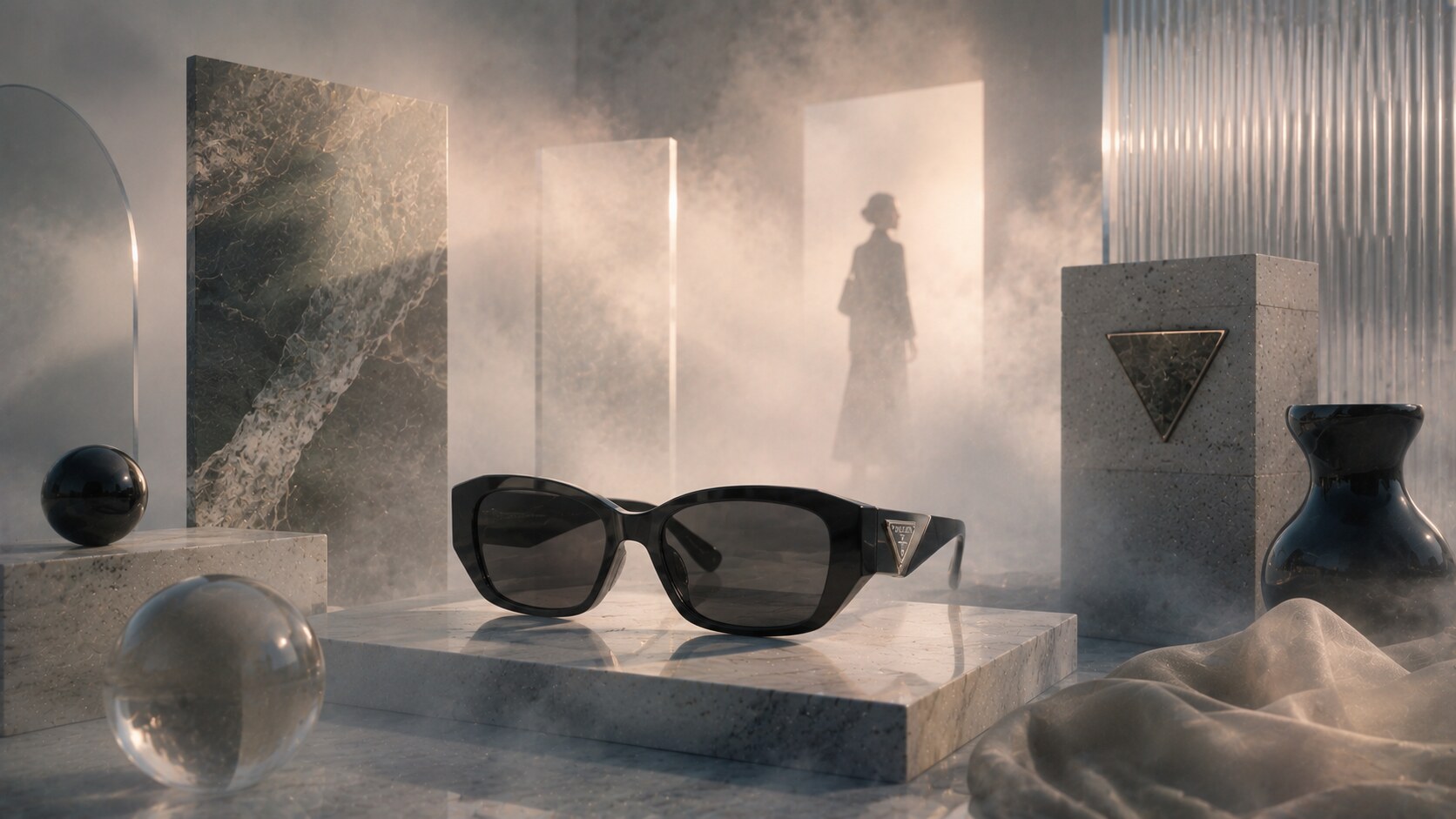 Prada Eyewear branding with luxury fashion codes, sharp logo authority, and concept-driven frame collections.