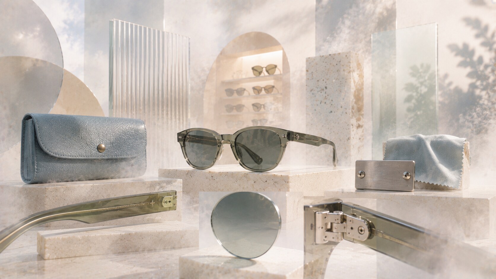 Overview of sunglasses brand identity showing logos, cases, lens marks, temple details, and retail presentation across major eyewear labels.