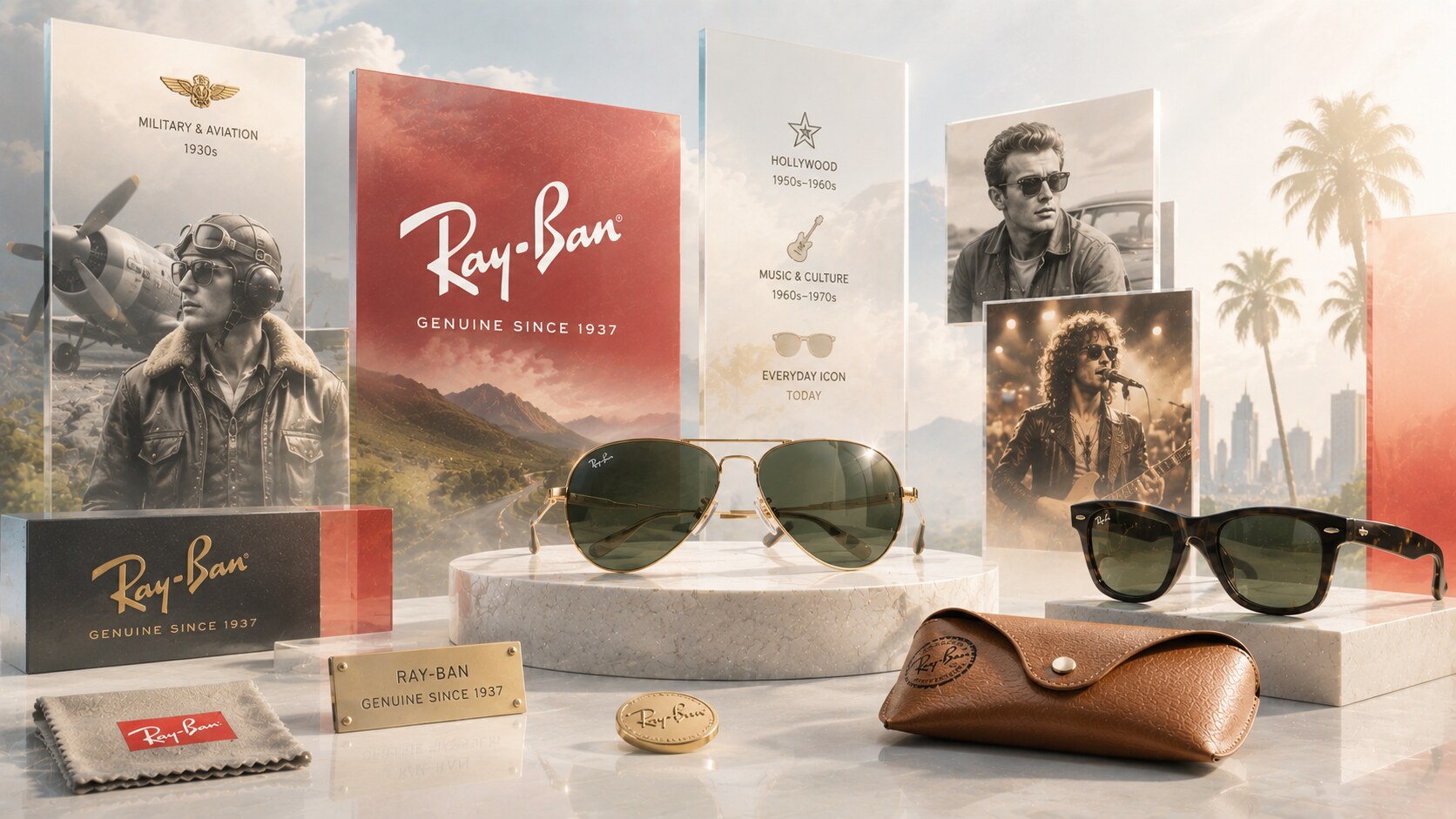 Ray-Ban branding with classic script logo, aviator heritage, and enduring cultural identity across decades.