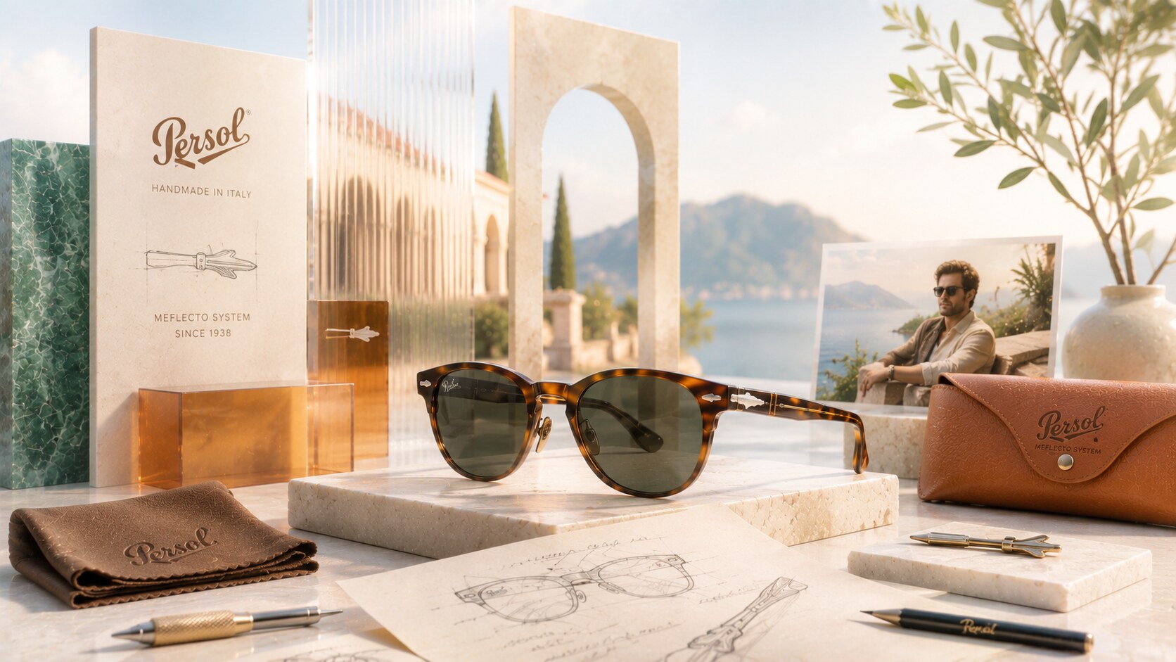 Persol branding with restrained wordmark, Italian heritage cues, and the iconic silver arrow detail.