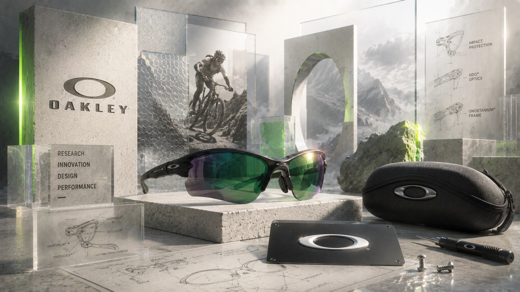 Oakley branding with the O icon, sport-performance identity, and technology-led visual language.