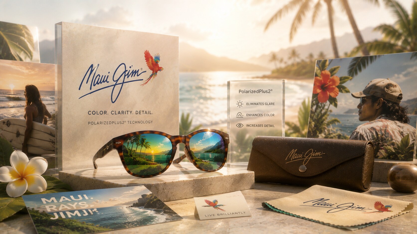 Maui Jim branding with tropical color story, lens-performance promise, and island-rooted optical identity.