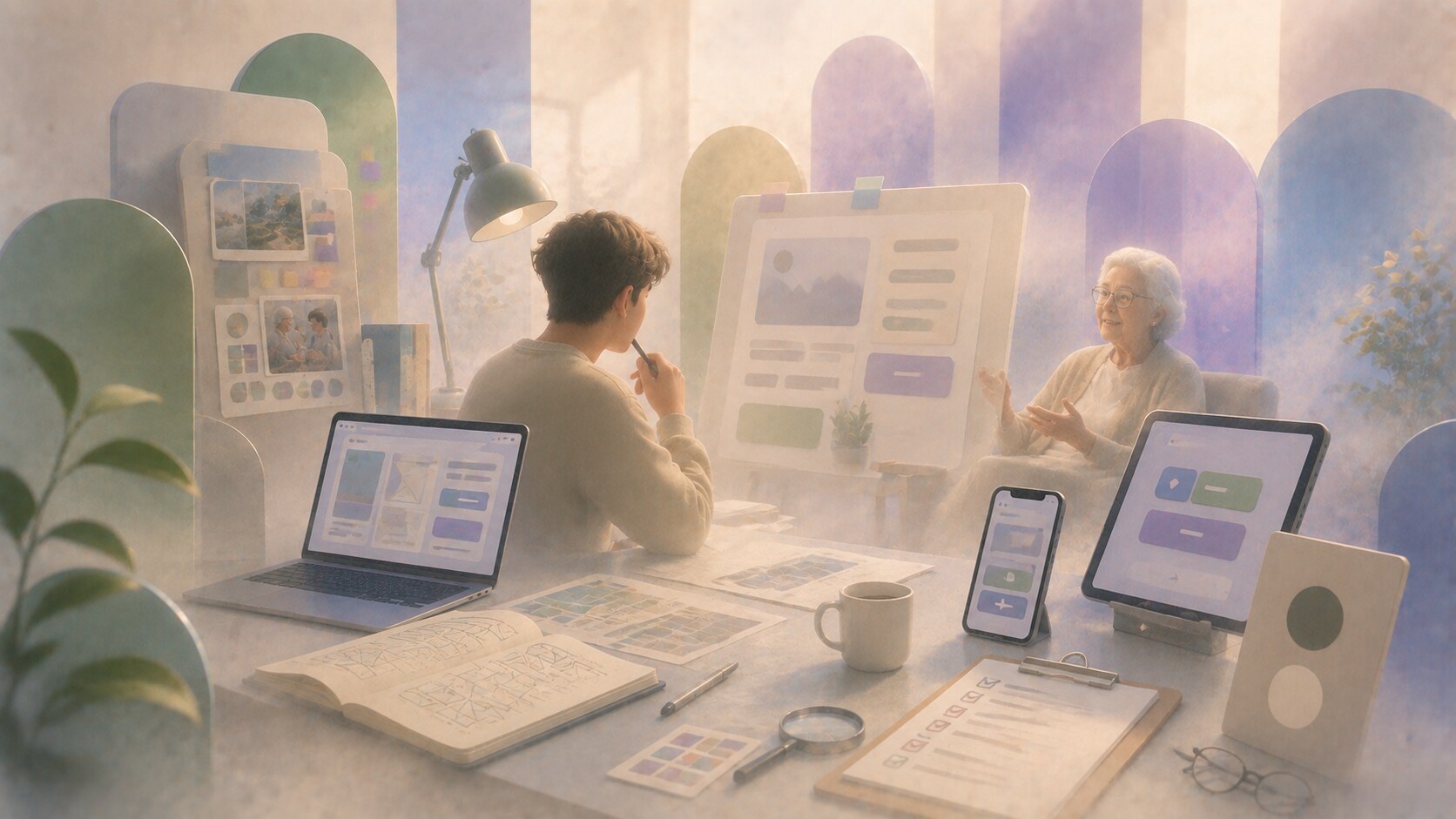 Young designer researching older audience needs through interviews, usability testing, print samples, and real customer context.