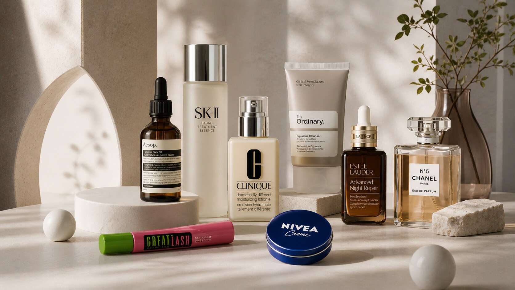 Collection of iconic beauty products showing how cosmetic packaging becomes a visual memory system.