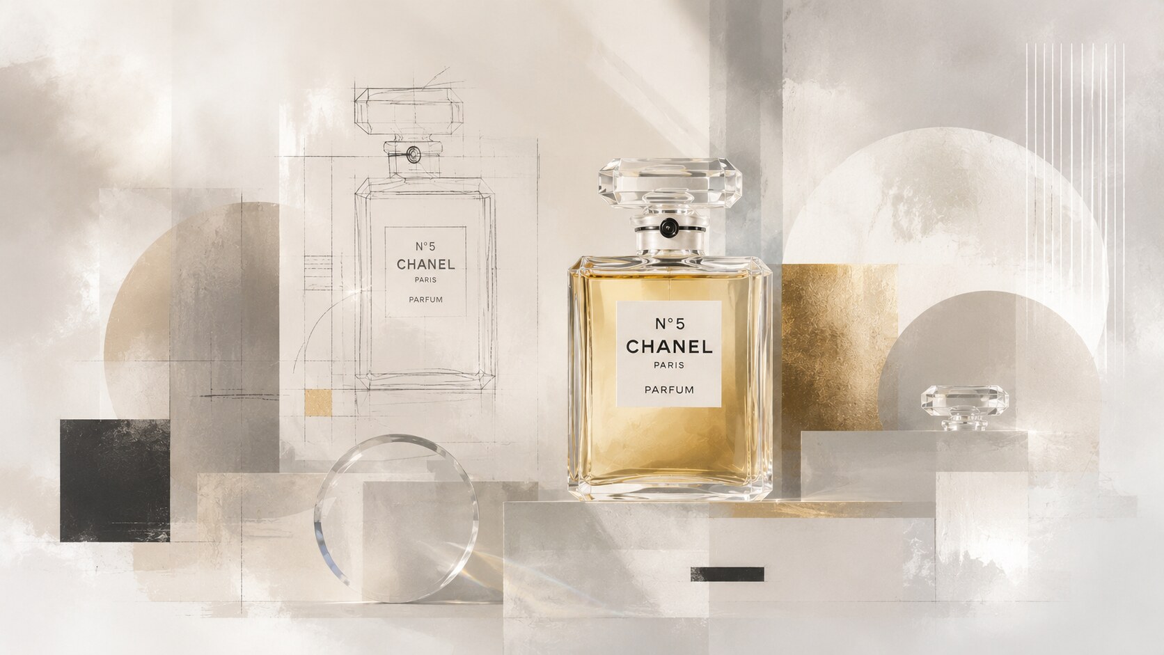 Chanel No 5 bottle photographed as a minimalist luxury object with clear glass and sharp geometry.