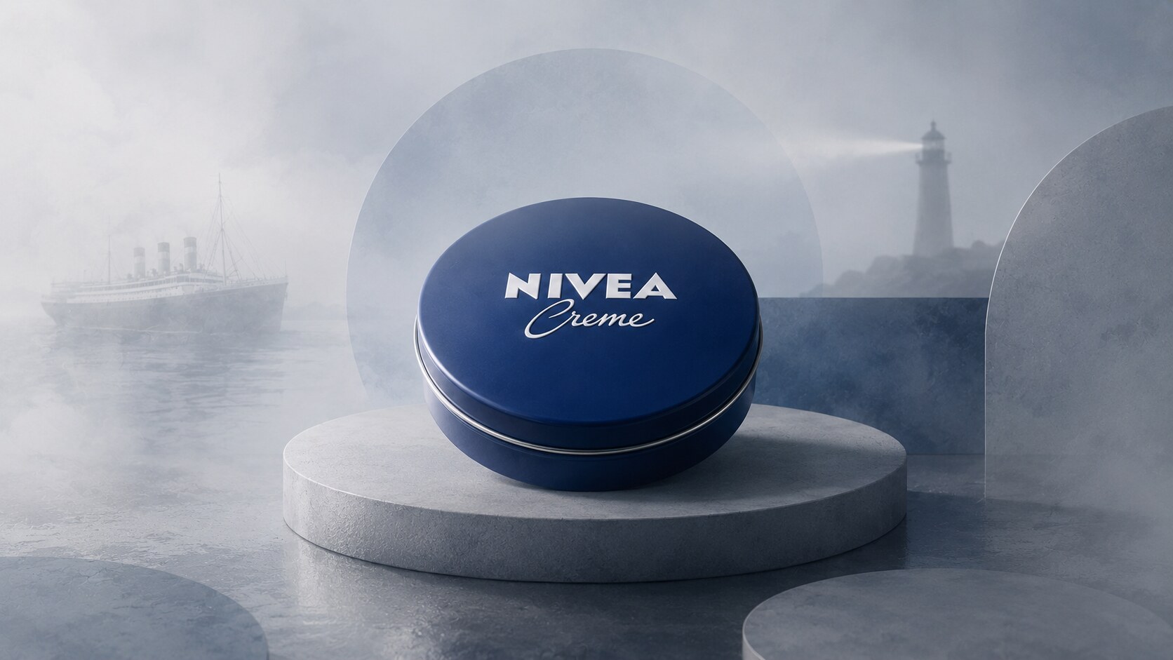 The iconic blue Nivea Creme tin shown as a simple circular aluminum package with white lettering.