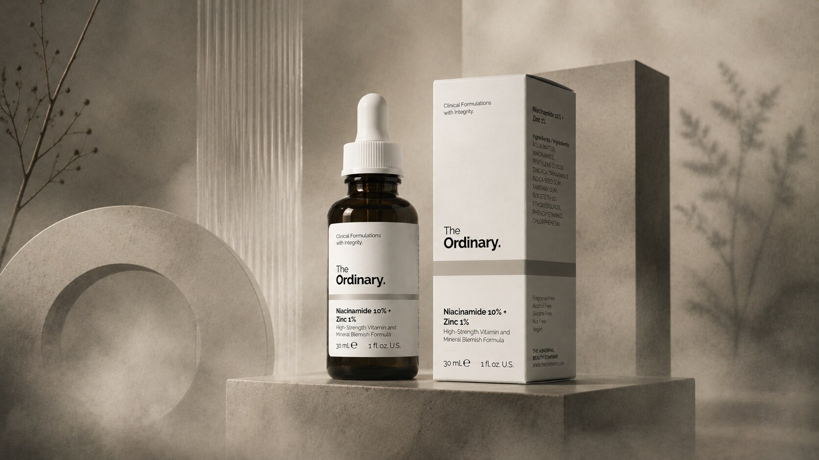 The Ordinary serum bottle with dropper and black-and-white label emphasizing ingredient transparency.