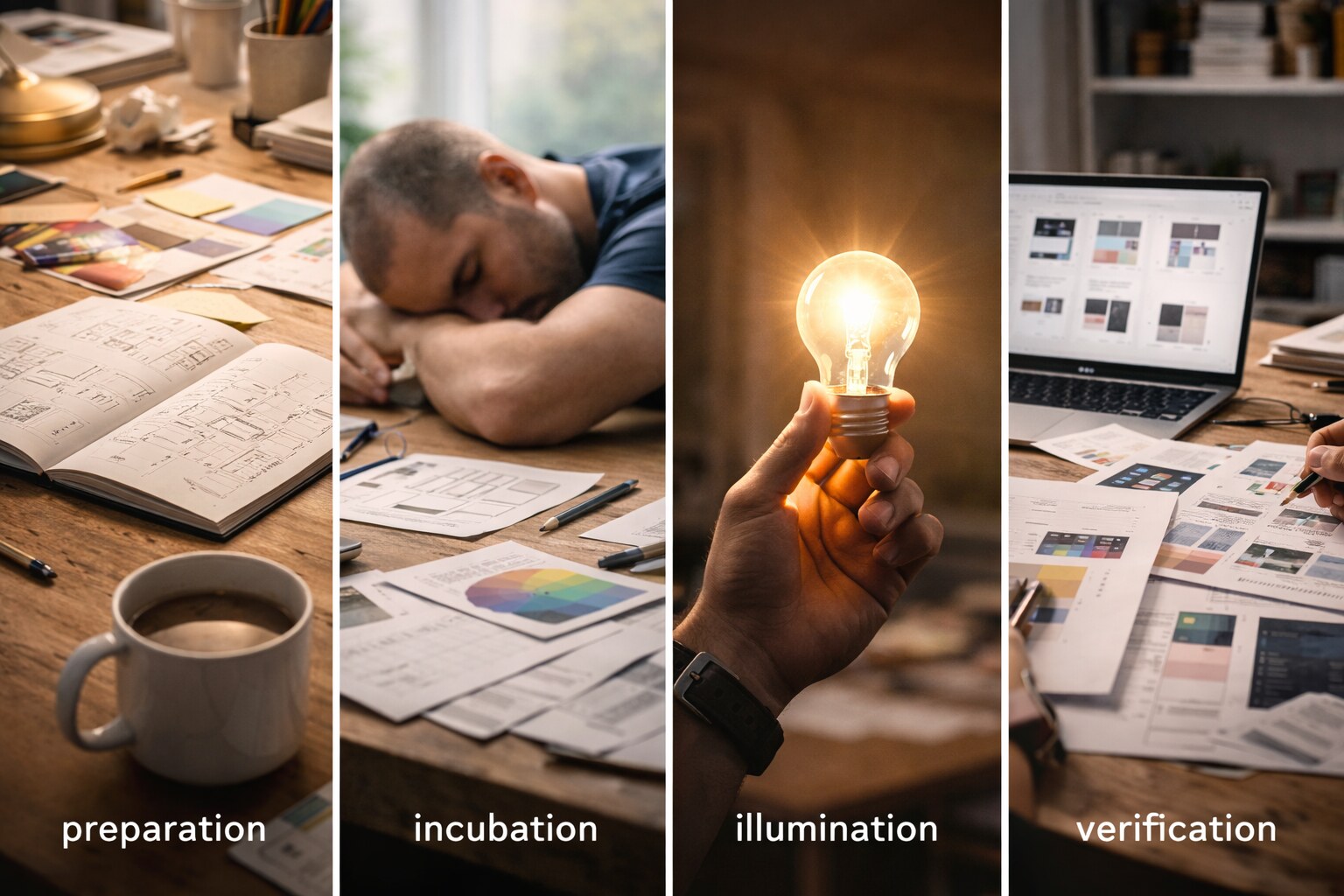 The four stages of creativity: preparation, incubation, illumination, and verification.