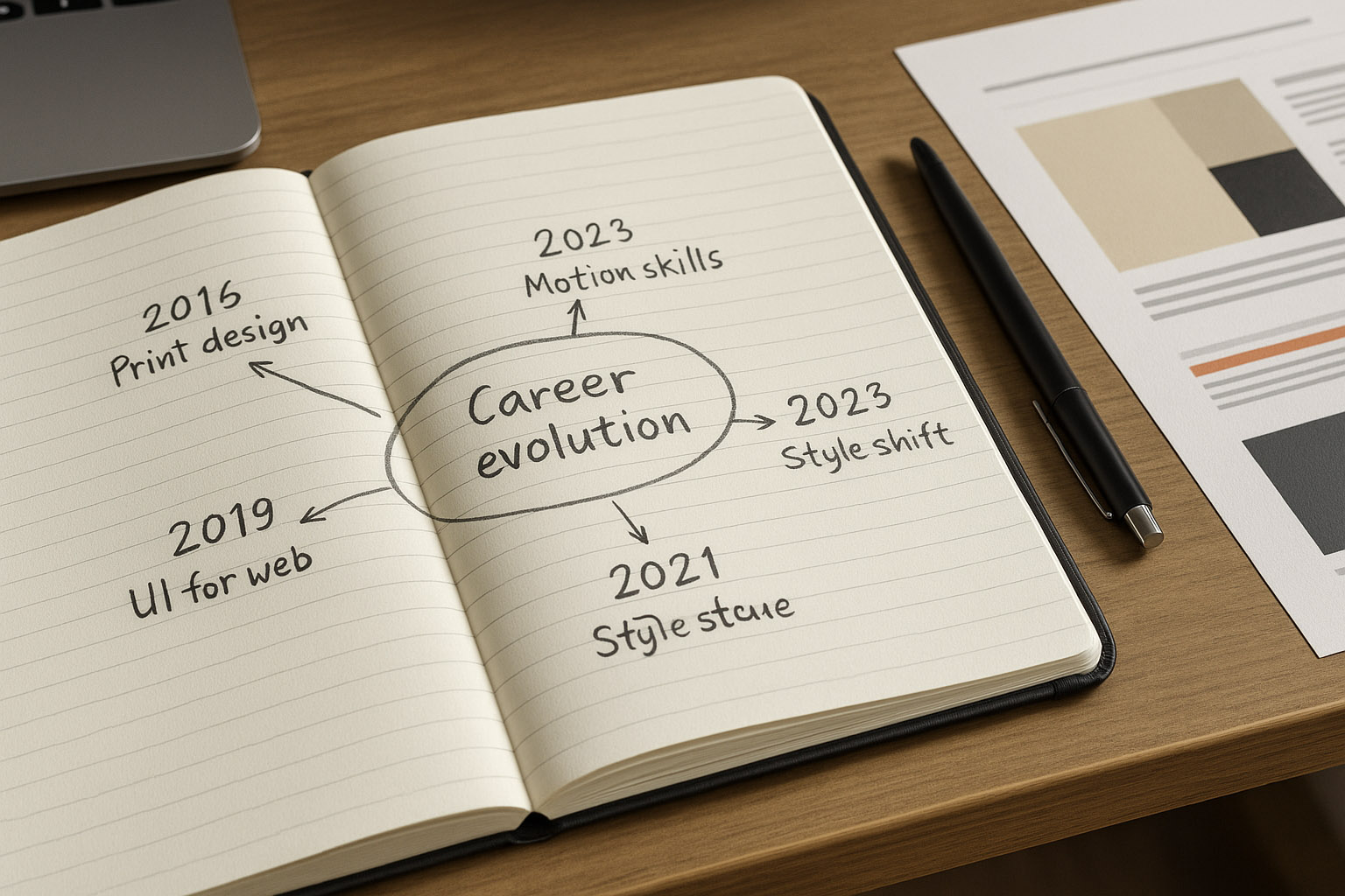 Designer journaling career milestones and mapping them to shifts in visual style.