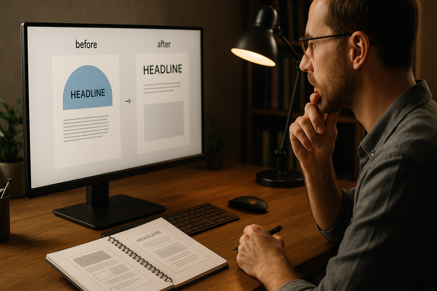 Designer revisiting old work on screen and sketchbook to see how style has shifted over the years.