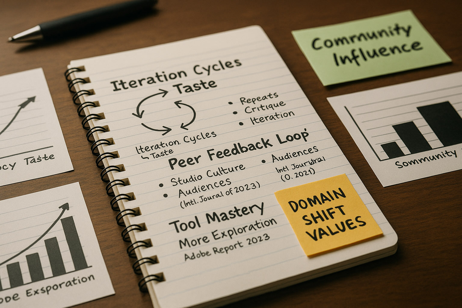 Research notes and graphs summarizing critique cycles, community influence, and tool mastery on design taste.