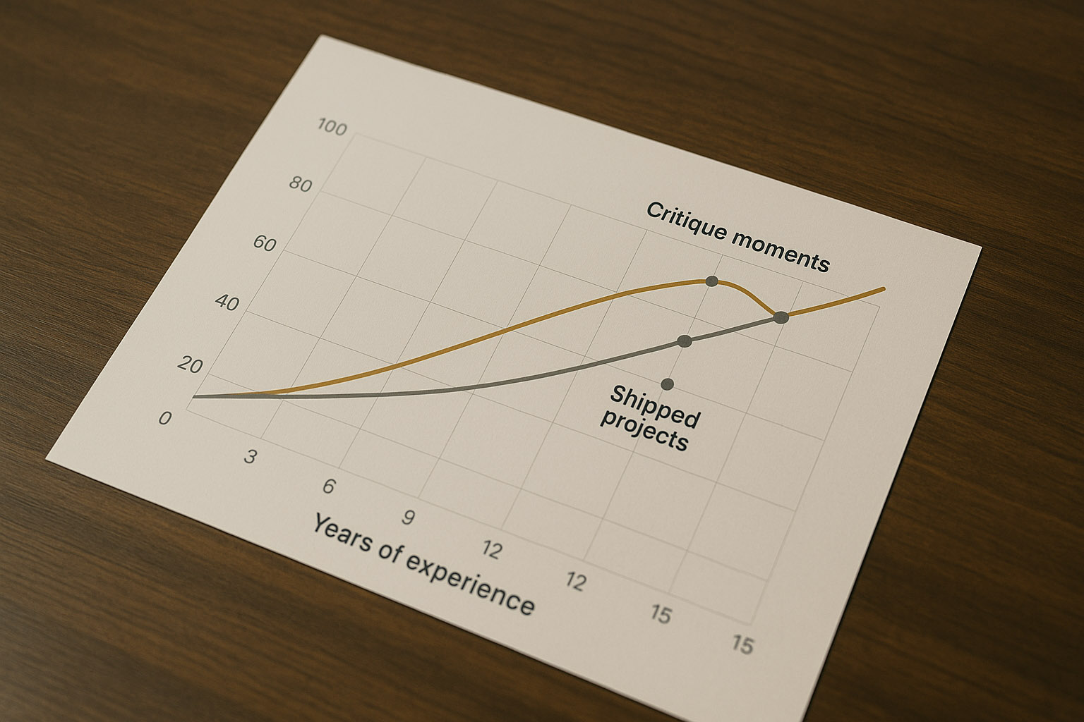 Timeline comparing years of experience with number of shipped projects and critique moments.