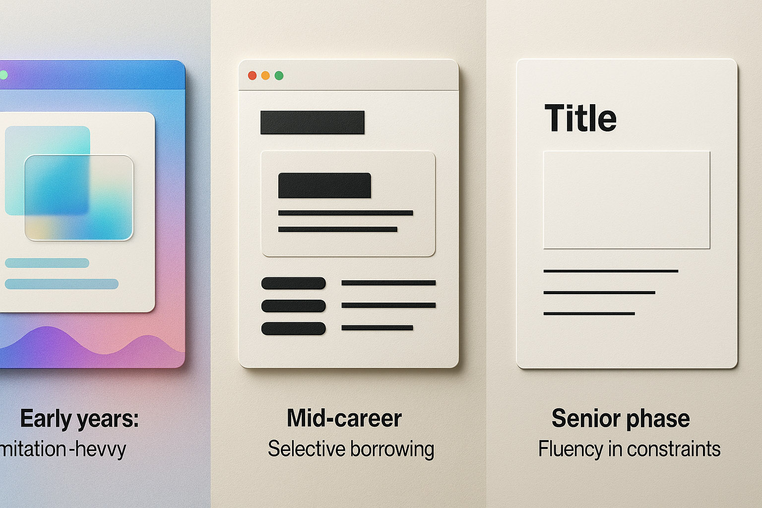 Three panels showing progression from trend-heavy early layouts to restrained senior-level compositions.
