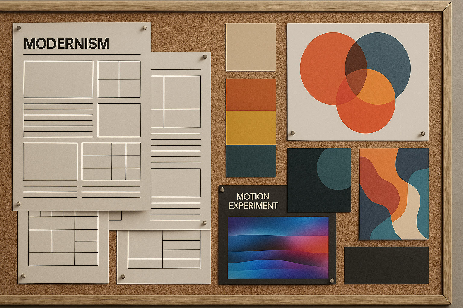 Moodboard combining consistent grid systems with evolving color and motion treatments over time.