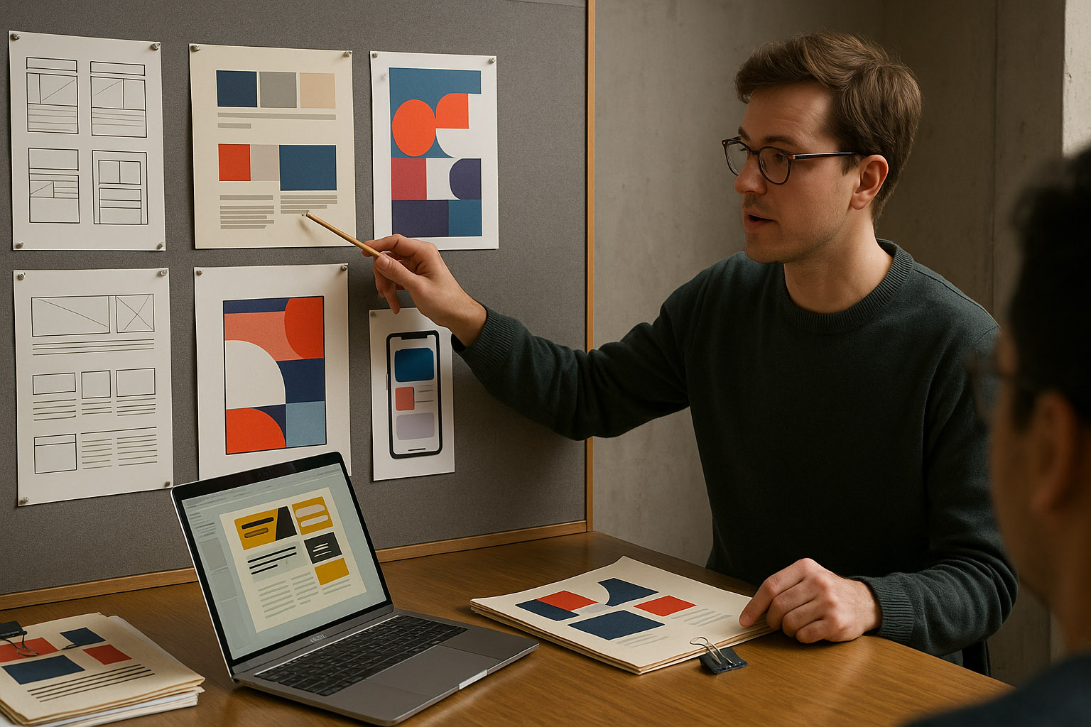 Designer leading a critique session with archived projects pinned for reference.