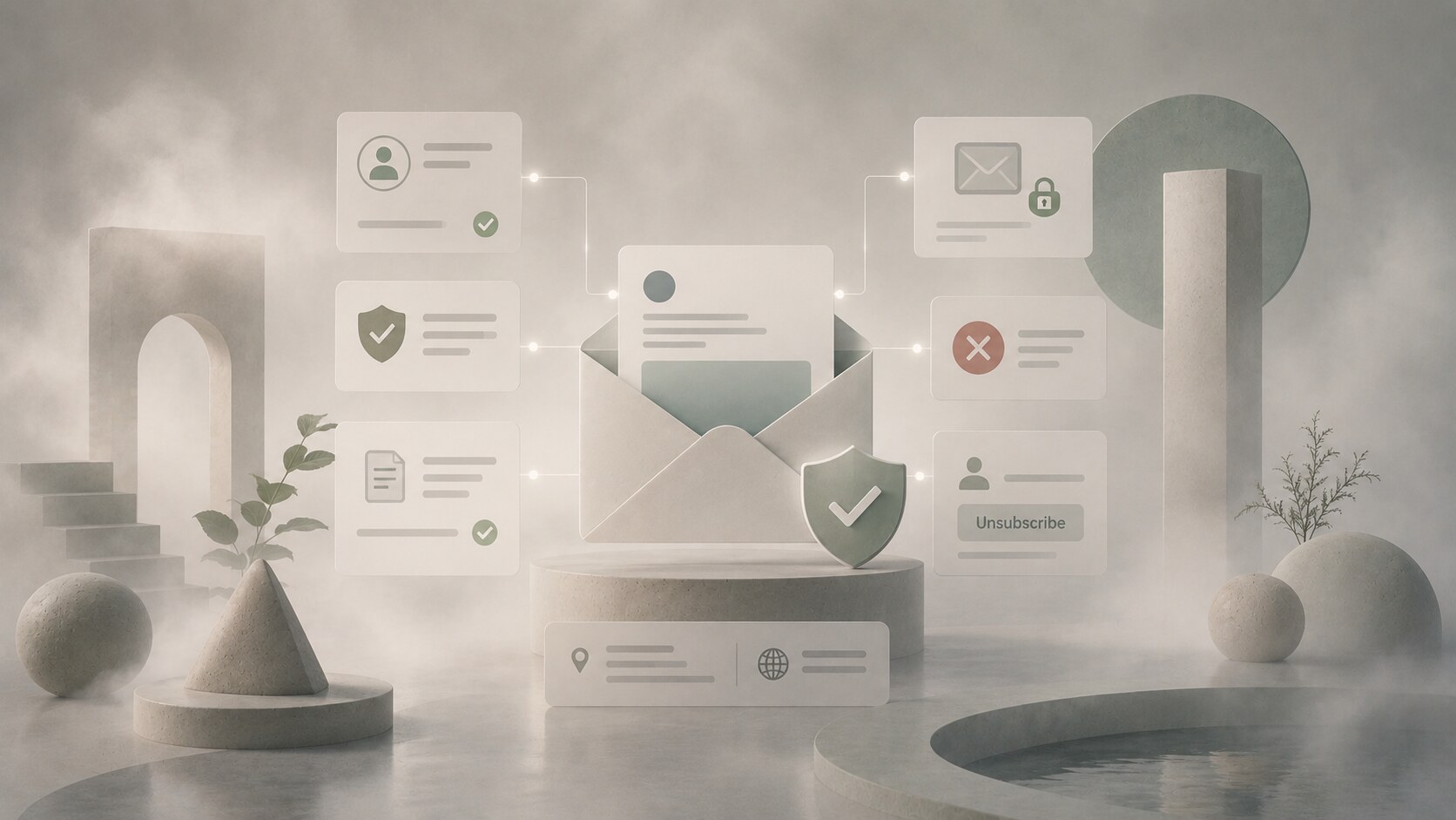 Email deliverability and compliance layer showing sender identity, unsubscribe clarity, spam avoidance, and trust-building details.