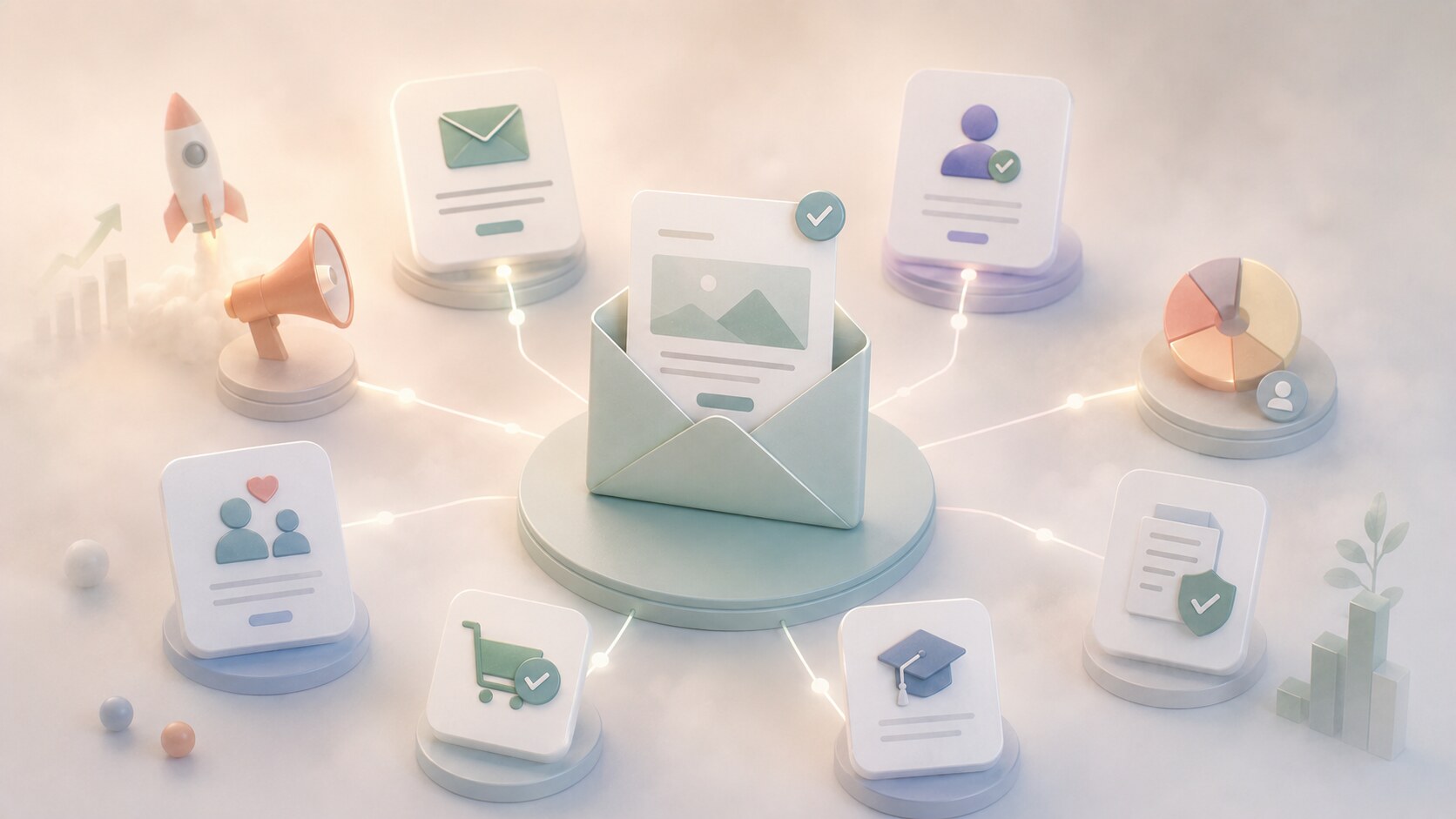 Email campaign strategy overview showing newsletters, automations, promotions, and branded content within a structured design system.