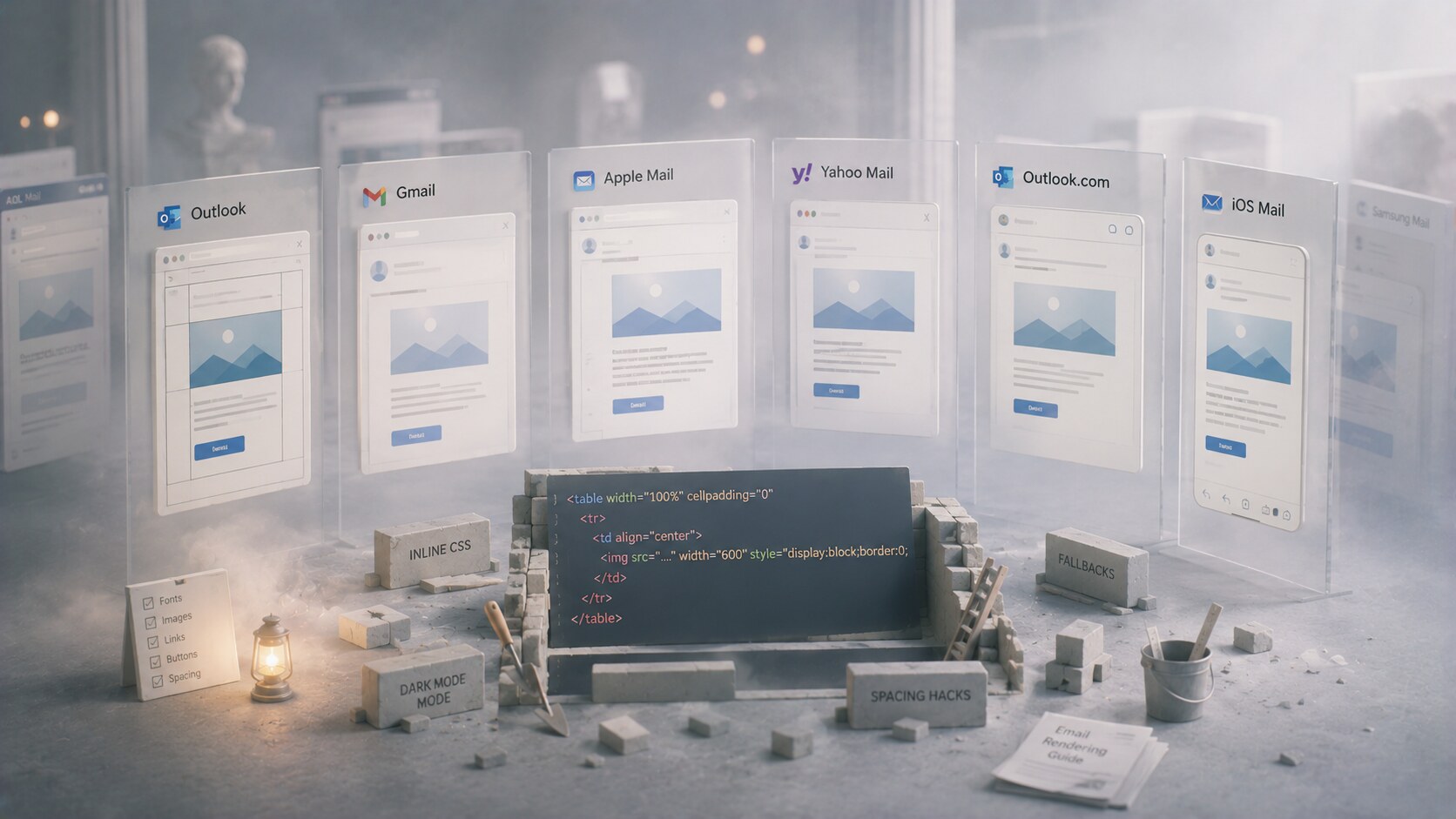 HTML email rendering problem across Outlook, Gmail, Apple Mail, and other clients with different support for styles and layouts.
