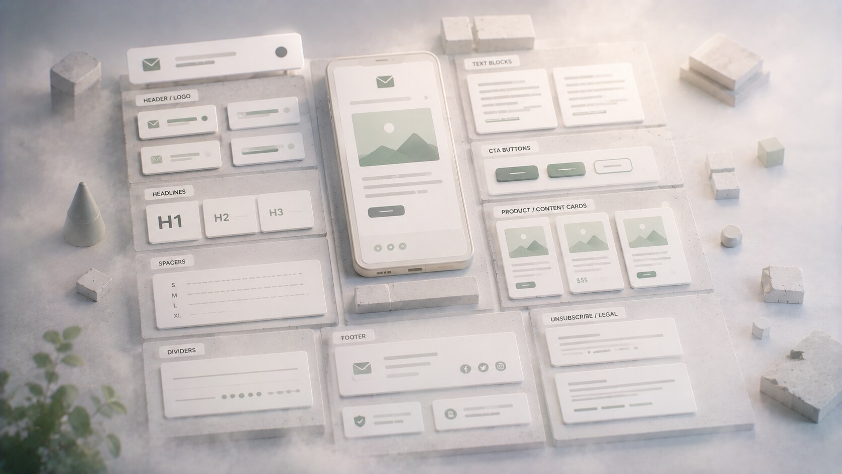 Email design system components including headers, buttons, product modules, dividers, spacers, and footer patterns.