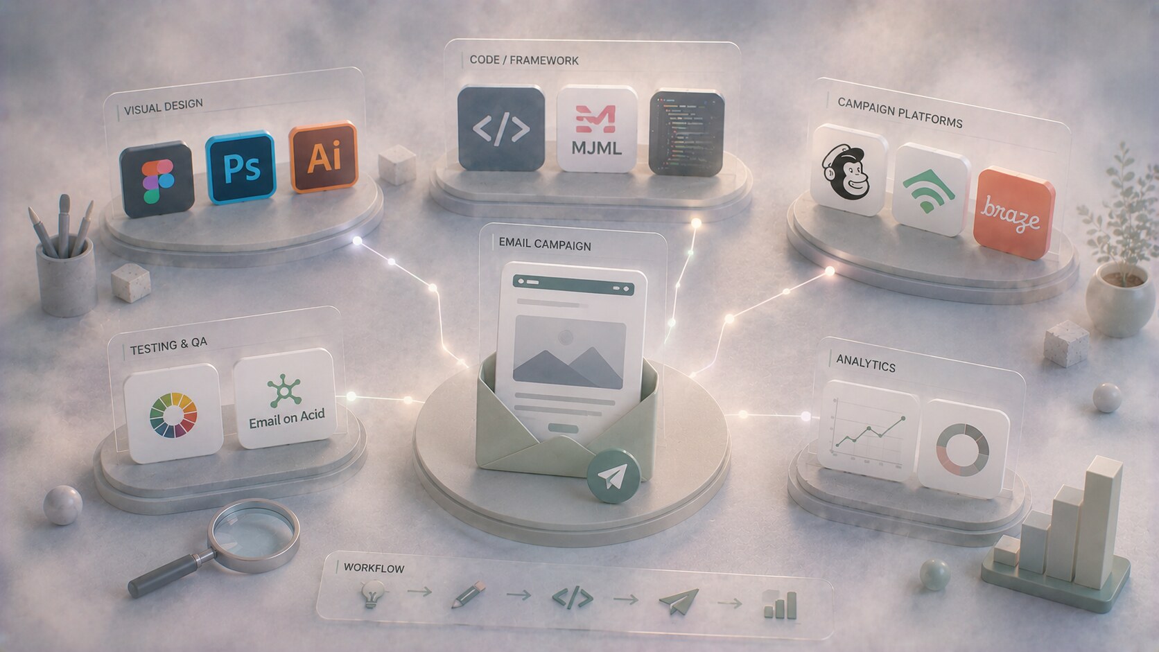 Email campaign tool stack showing design apps, code frameworks, sending platforms, testing software, and analytics workflows.