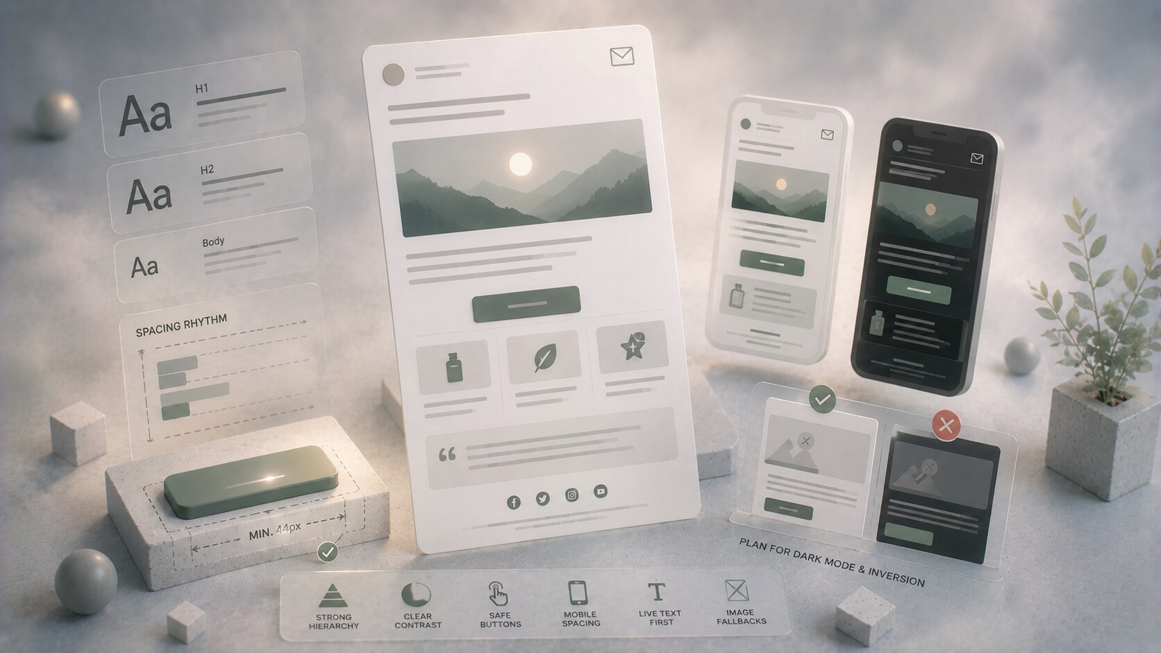 Email graphic design essentials including typography hierarchy, button design, mobile spacing, and image-to-text balance.
