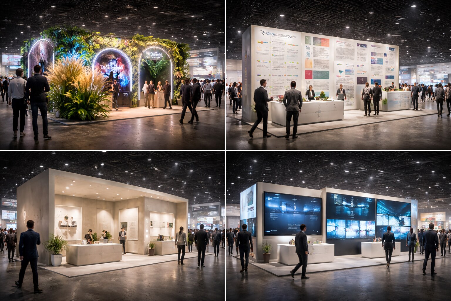 Unsuccessful booth graphics: feature overload and no clear focal point.