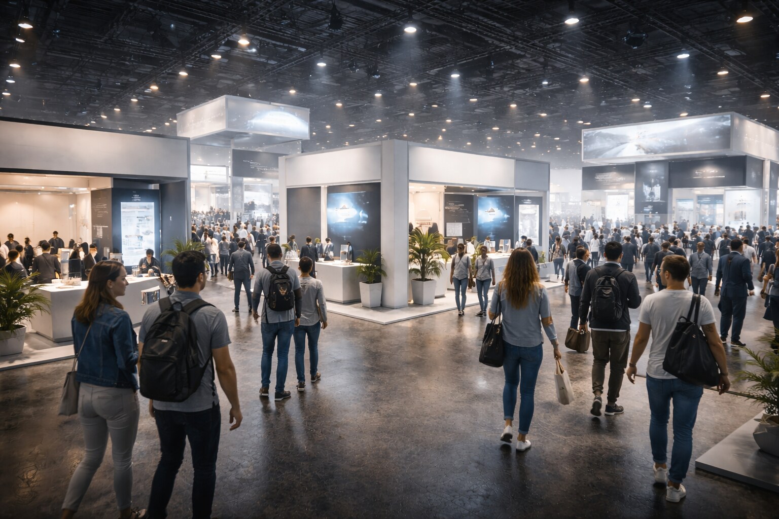 Exhibition hall graphics in 2026 with dense signage, lightboxes, and strong typography.