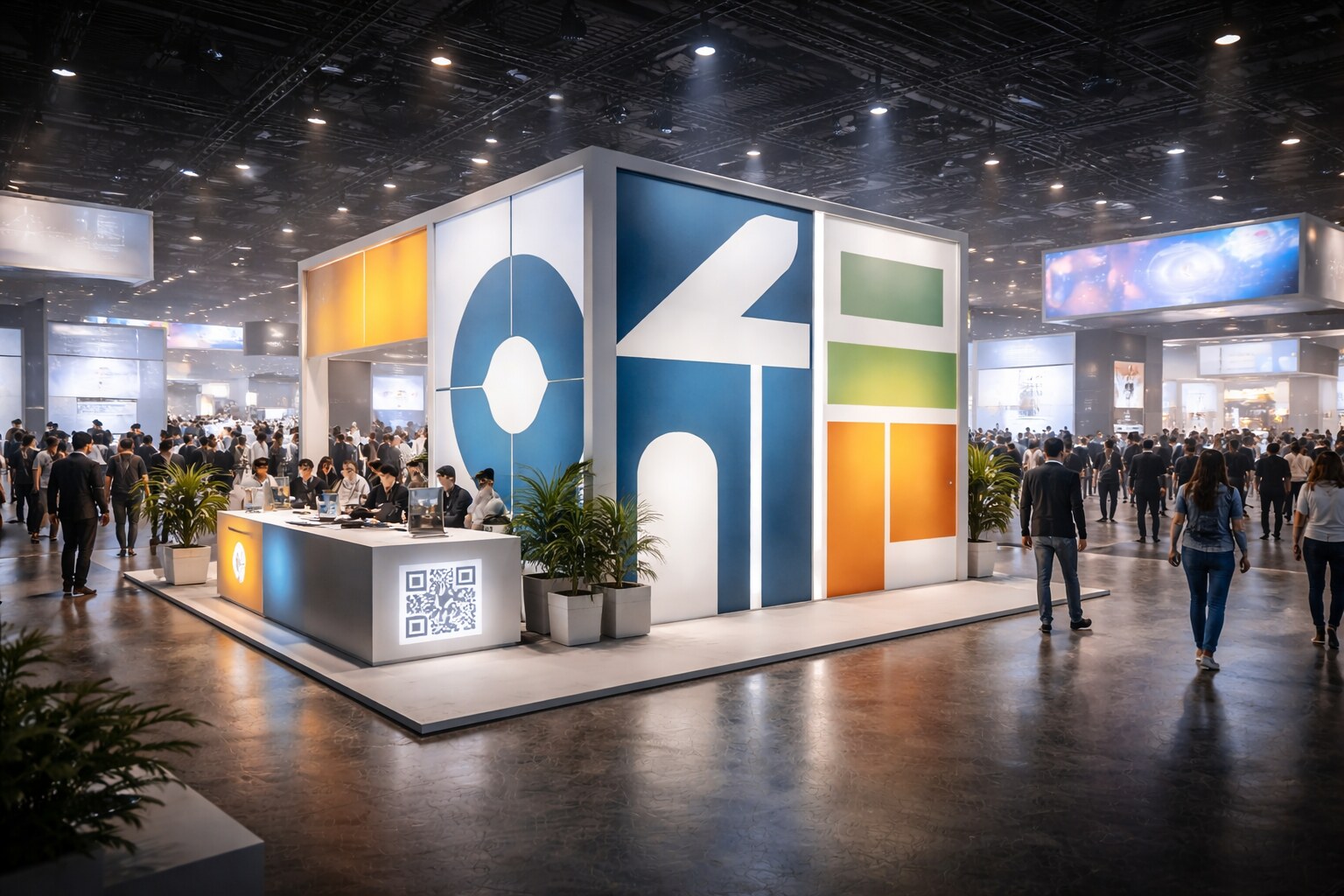 Modern booth graphics: modular surfaces, clear hierarchy, and camera-ready contrast.