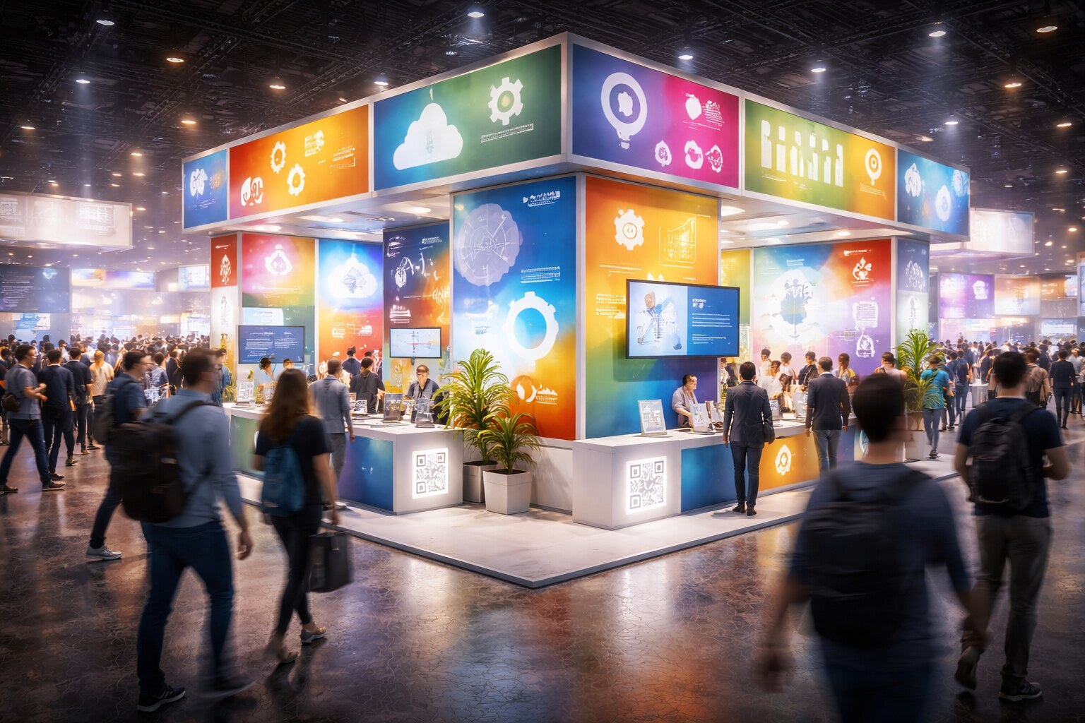 Overloaded booth wall with too many messages and competing elements.