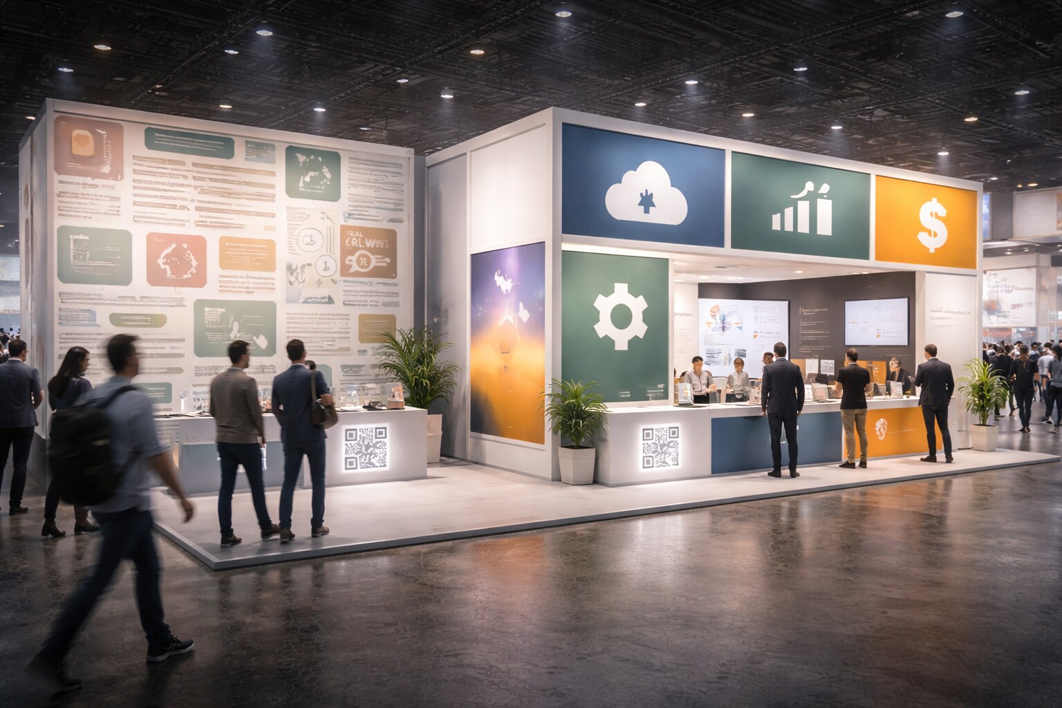 Trade show booth graphics that fail: low contrast, tiny type, and unclear hierarchy.